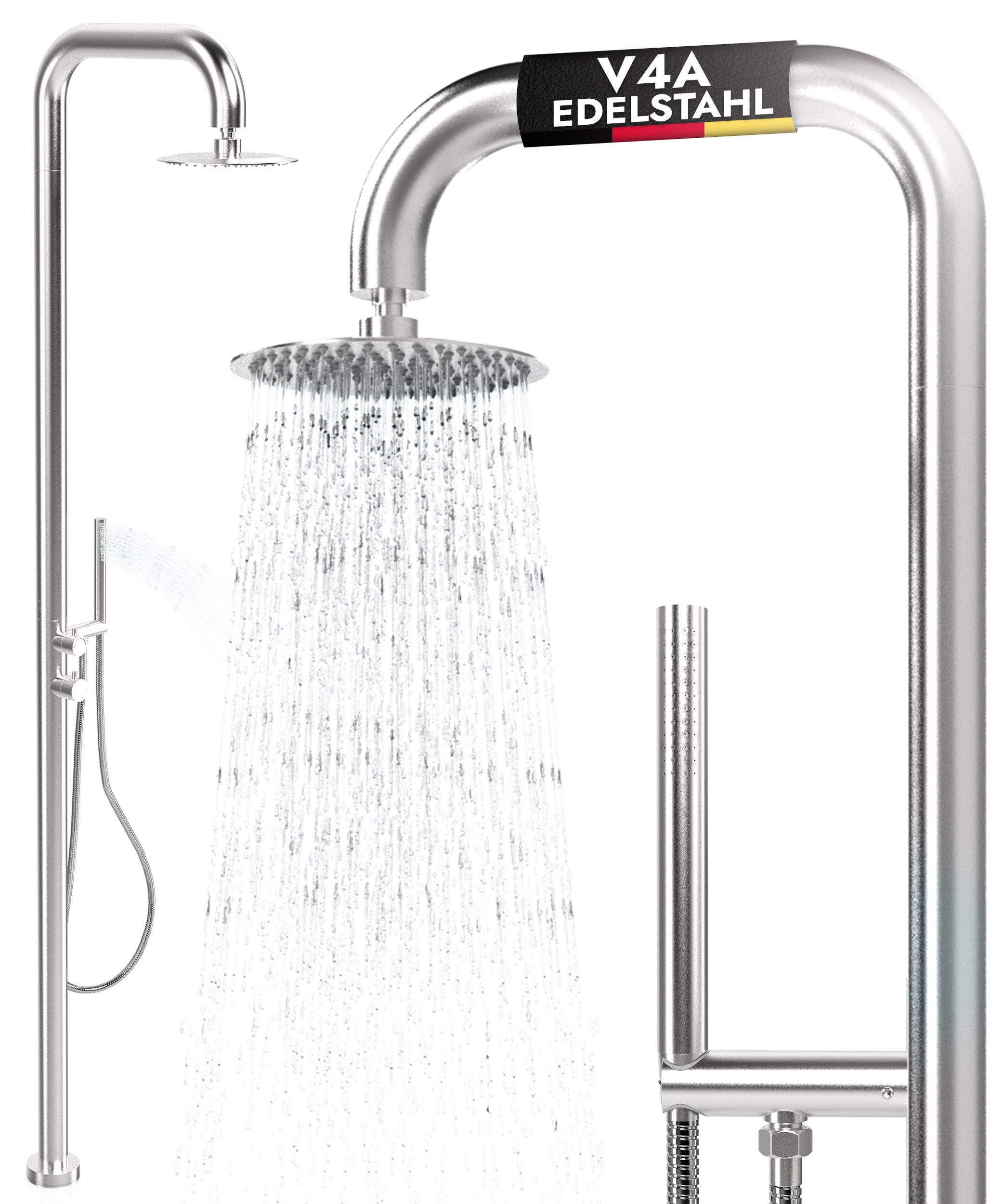 LAWA Living and Lifestyle Gartendusche V4A Edelstahl Warmwasserdusche / Kaltwasserdusche mit Mischbatterie (restentleert - winterfest, Aussendusche mit Handbrause), gebürstet rostfrei Regendusche verstellbar Saunadusche Pooldusche