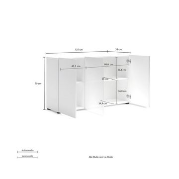 Sideboard Mister, in weiss, Lack Hochglanz - 135x80x38cm (BxHxT)