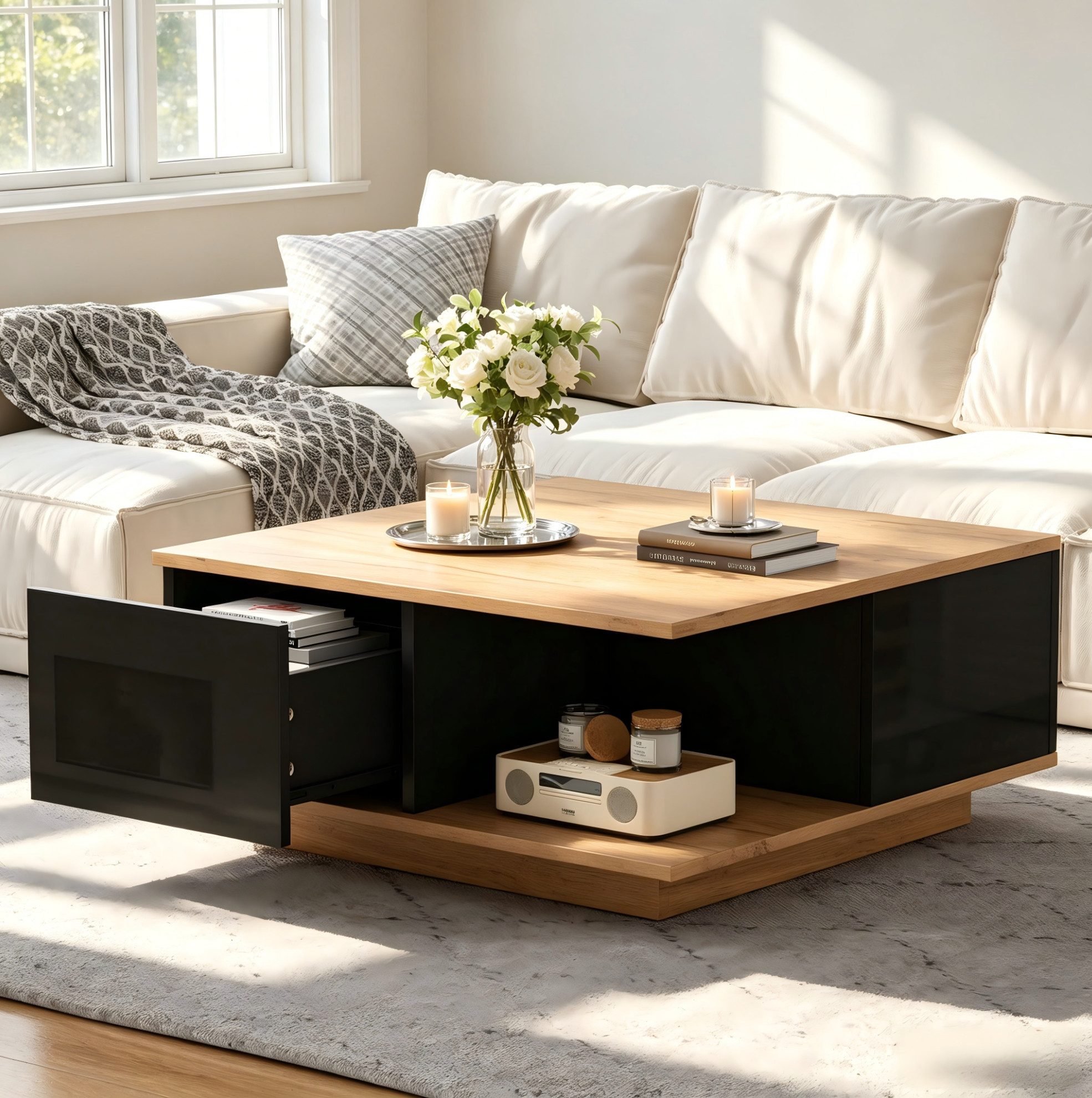 OKWISH Couchtisch Quadratischer Wohnzimmertisch mit 3 Schubladen (Packung, 1-St., Schwarz & Natur, 70×70×31.5 cm, Hochglanz), halboffener Stauraum, Spanplatte, 30 kg