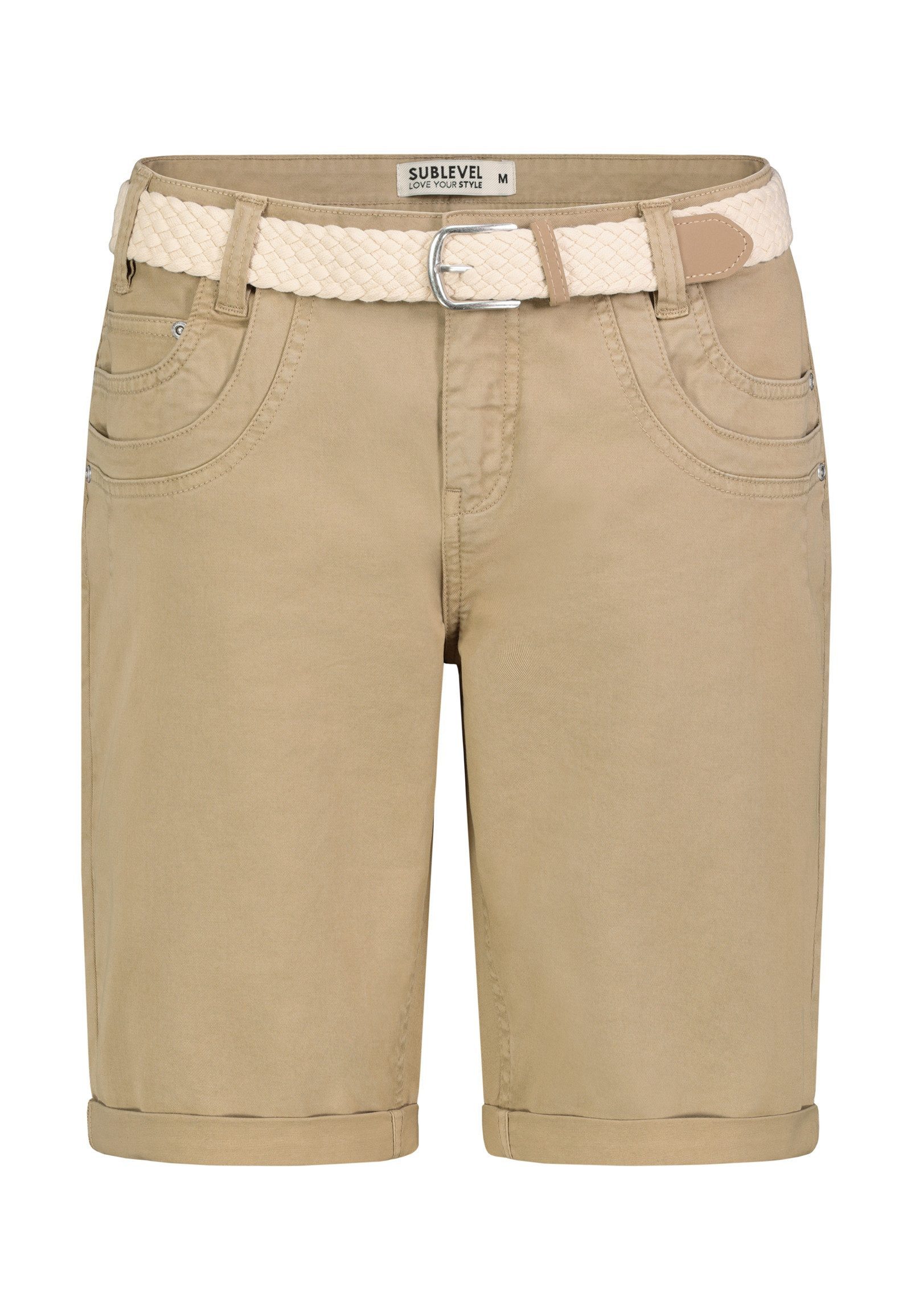 SUBLEVEL Bermudas Chinoshorts mit Stoffgürtel und Knopfleiste, Regular Fit für Damen Baumwolle Regular Fit unifarben atmungsaktiv Reißverschluss