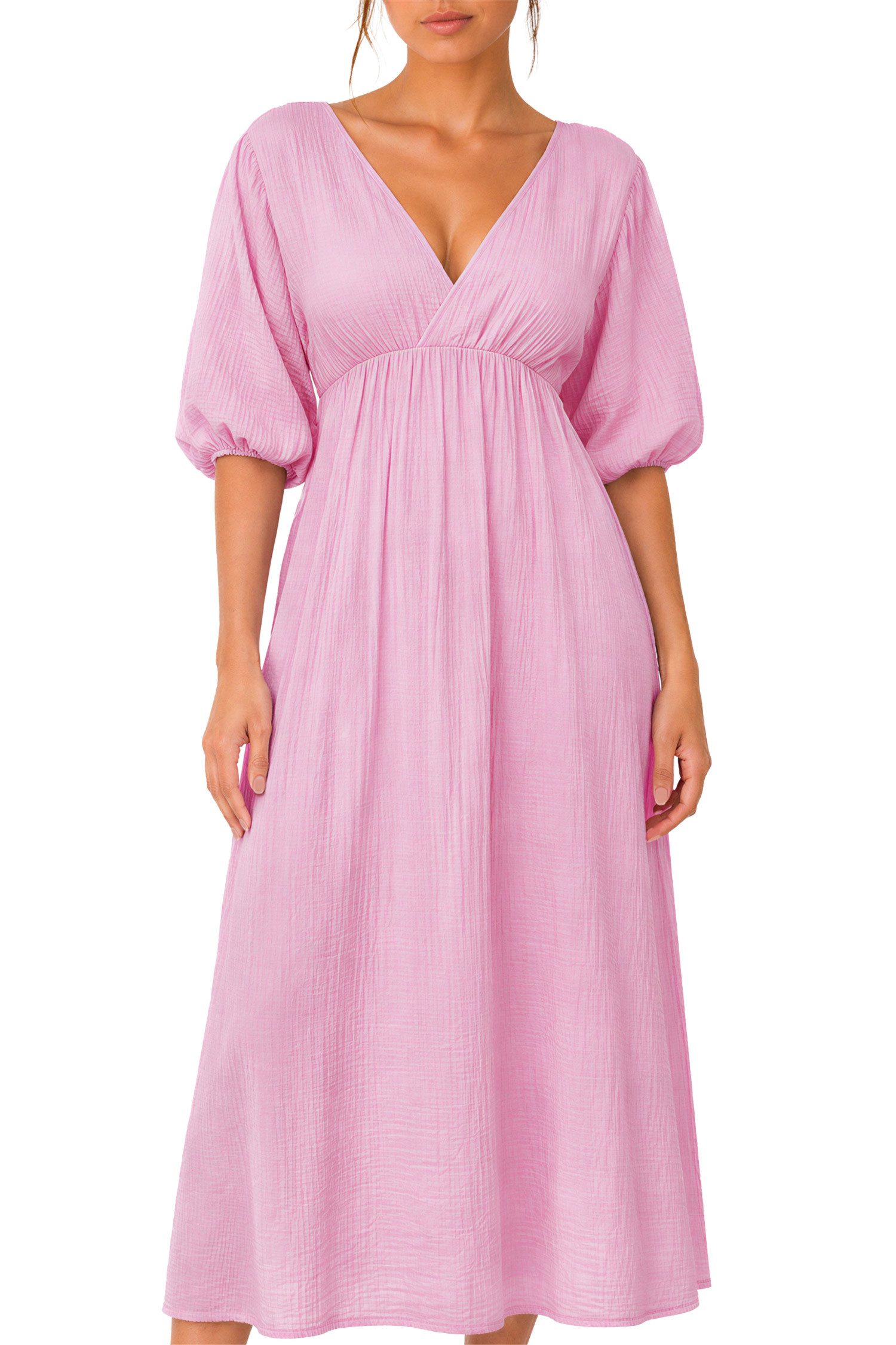 Reichstadt Sommerkleid Damen Relaxed Fit Dress Musselin 25RSW077 Feminine Puffärmel und Rückenschleife