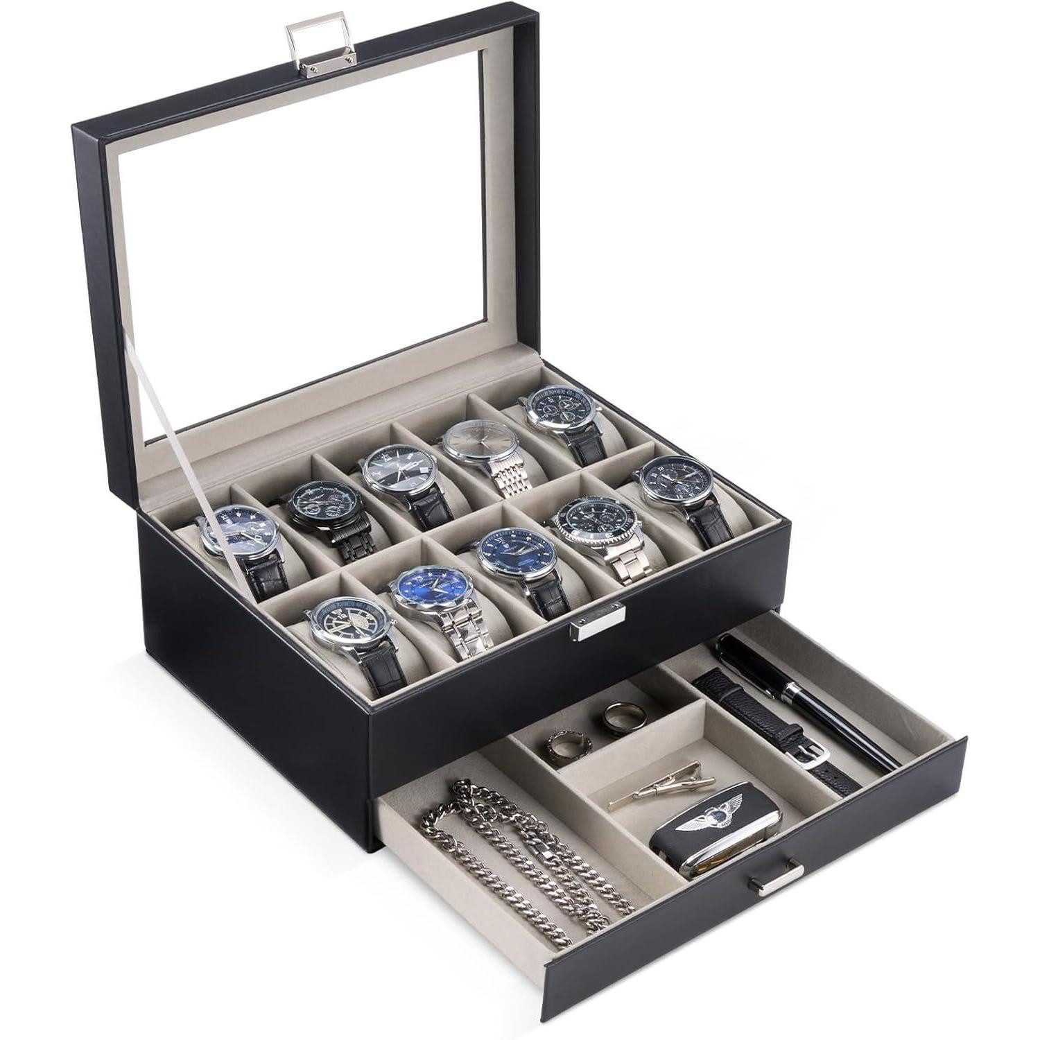 LuxusKollektion Uhrenbox Uhrenbox Uhrenschatulle Glasdeckel 2 Ebenen 10-Slot Schwarz