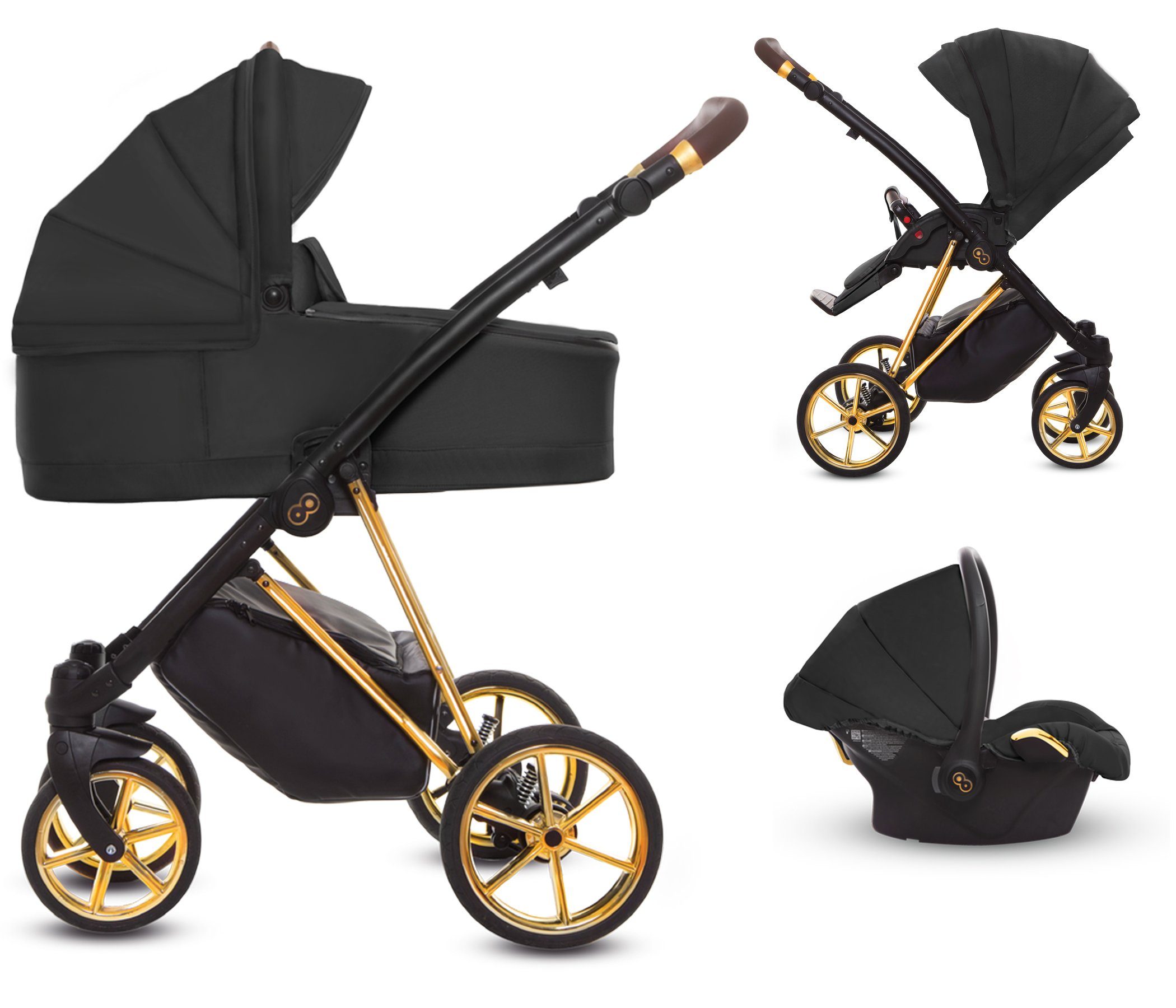 TPFFamily Kombi-Kinderwagen 3 in 1 Musse Ultra, Baby Buggy Babywanne Autositz, großes Zubehör-Set Kinderwagen 3 in 1 Stoff Schwarz, Gestell Gold
