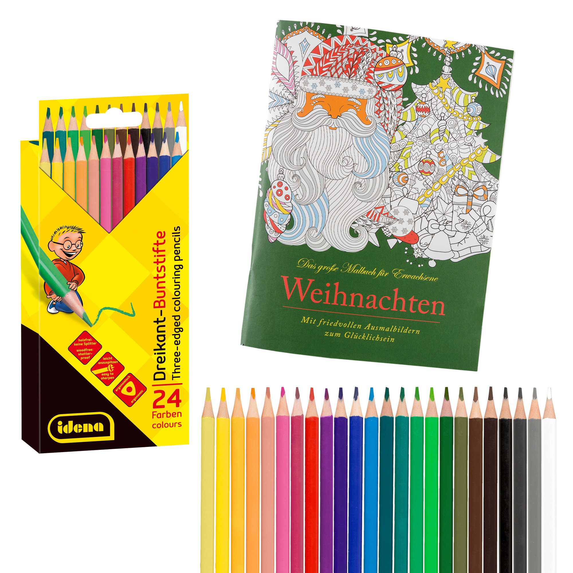 Idena Teelicht Idena Set Malbuch Weihnachten 64 Seiten 17x23cm & Dreikant Buntstifte