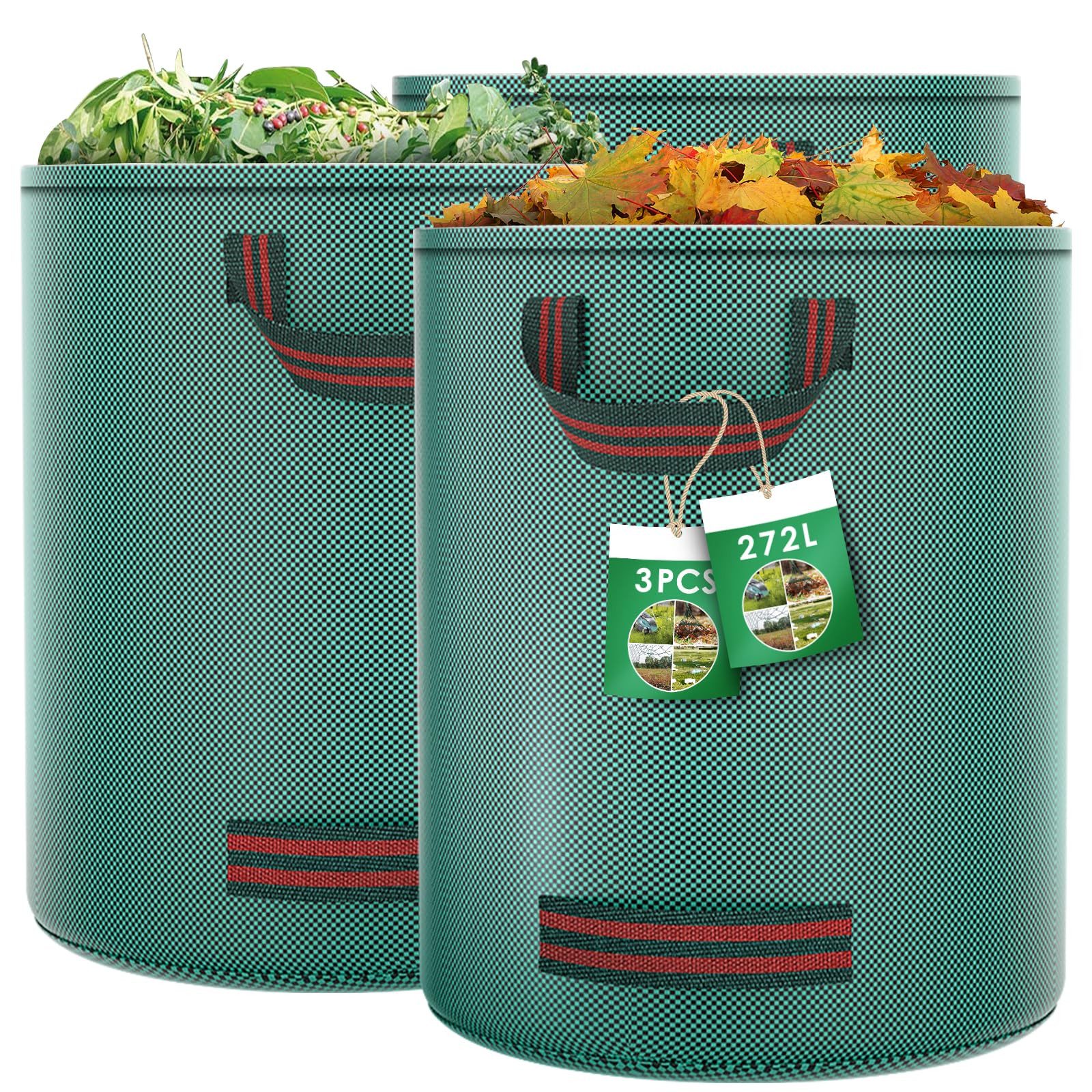 SURFOU Gartensack Gartenabfallsack 272L–selbststehender Laubsäcke mit 4 Griffen 3er-Set, für Gartenabfälle und Grünschnitt, 272 l, (Wiederverwendbarer Groß Gartensack aus PP, Wasserdicht, Faltbar, Selbststehend, 3-tlg., Polypropylen wasserdicht wiederverw