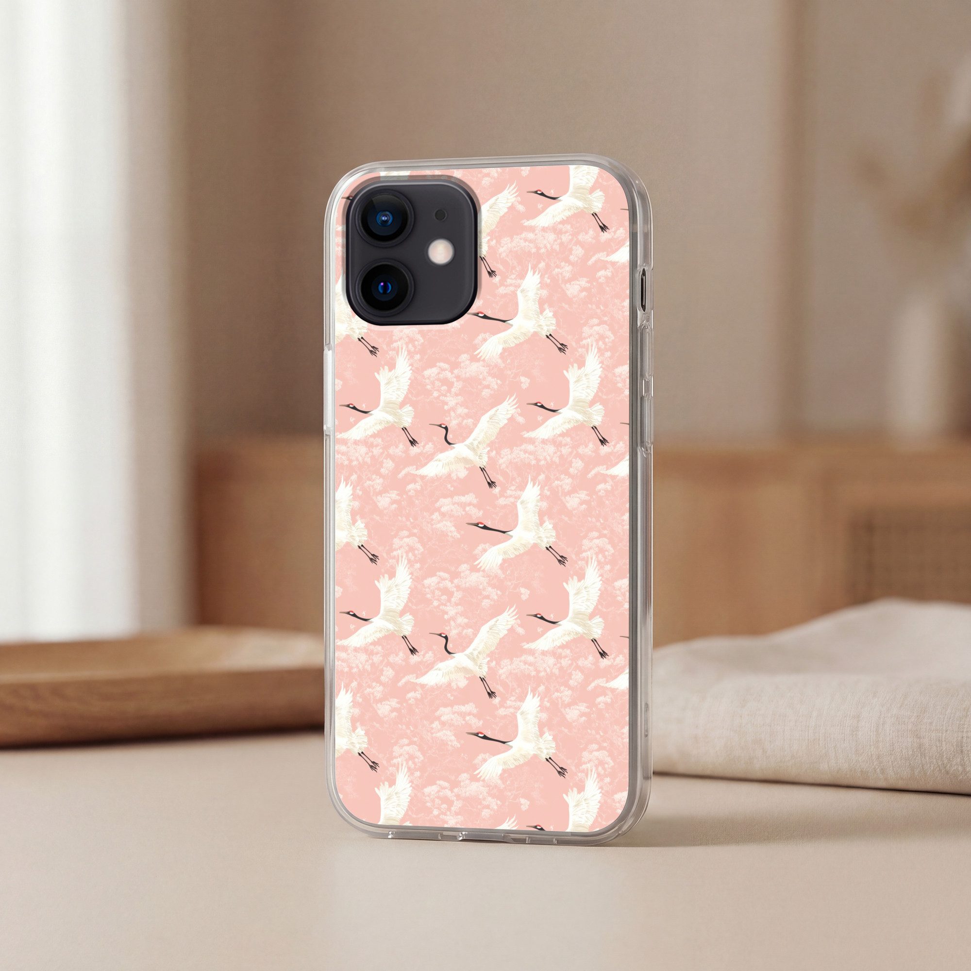 MuchoWow Handyhülle für Apple iPhone 12 Kranich - Blüte - Rosa, Smartphone-Bumper, Print, Handy Schutzhülle Dünn