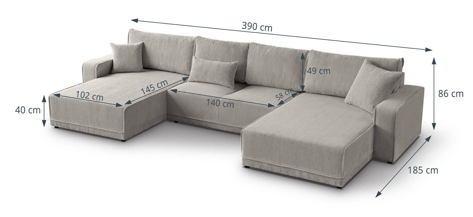 Beautysofa Ecksofa U-Form für U, Cappucino und (poso Primo mit 02) Schlaffunktion aus Bettkasten Cordstoff, Polsterecke Eckcouch Wohnzimmer