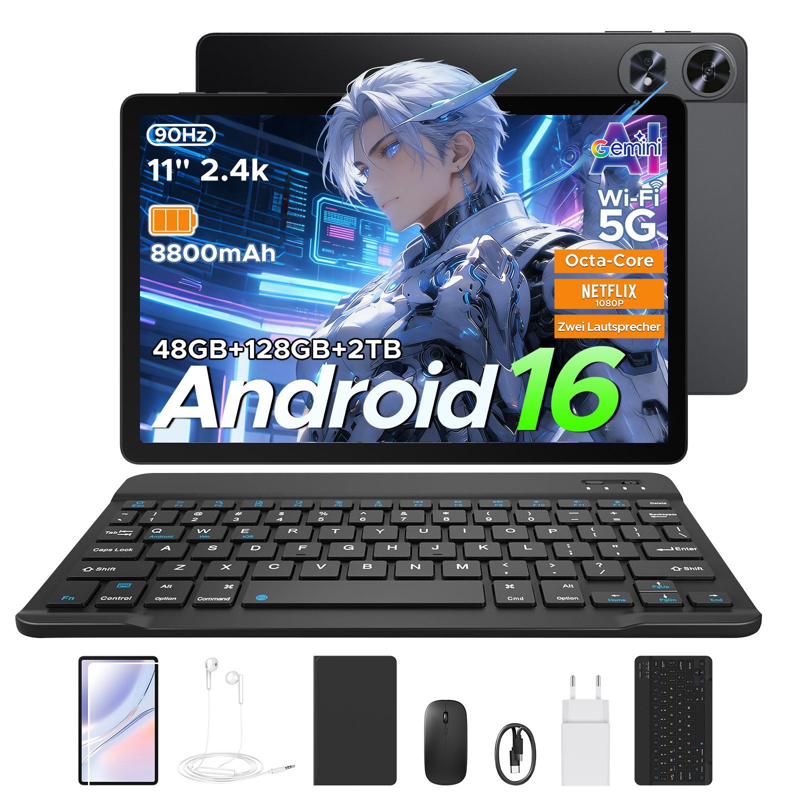 POCKAM P11 Pro Android 16 Tablet, 11" FHD+ 90Hz, 8800mAh, 18W Fast Charge Tablet (11", 128 GB, Android 16, WIFI, mit Tastatur, Stift & Maus, Gemini AI, Widevine L1, Face ID, GPS, OTG)