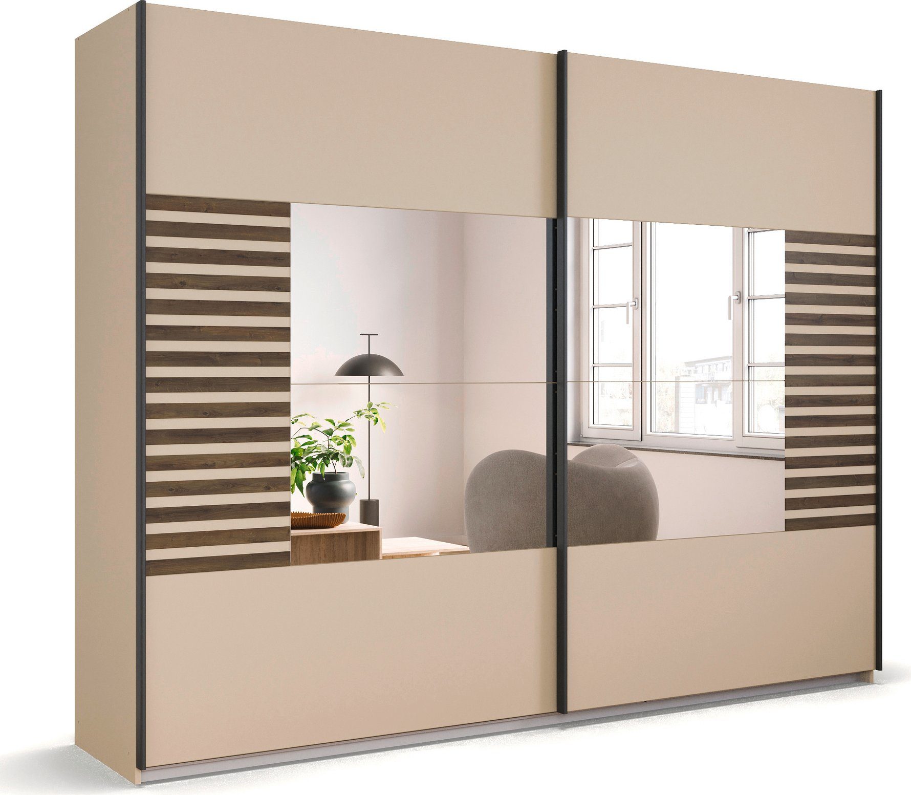 rauch Schwebetürenschrank Kleiderschrank Schrank Garderobe Schlafzimmerschrank BAREA Front- Auflage in moderner Lamellen-Optik und Spiegel MADE IN GERMANY