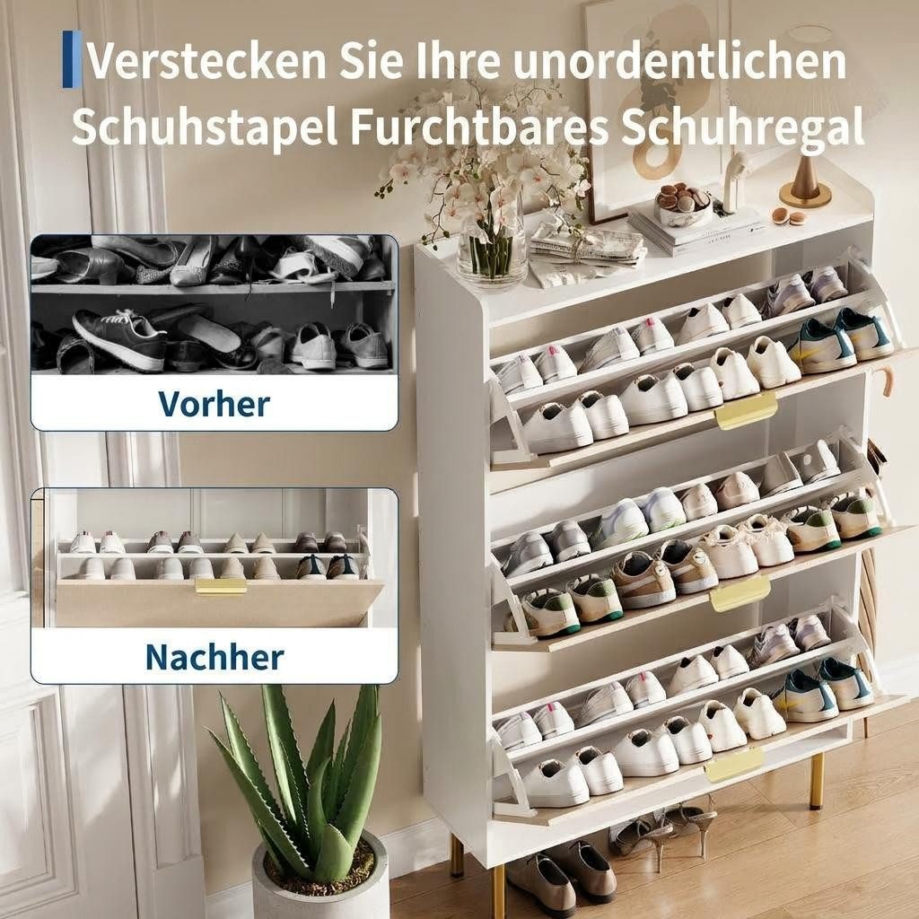 GarveeMore Schuhständer Schmaler Schuhschrank mit 3 Klappfächern, beige Textur, eige Textur & goldenen Metallbeinen, Kleiner Schuhschrank für Wohnung – Bild 5 von 5