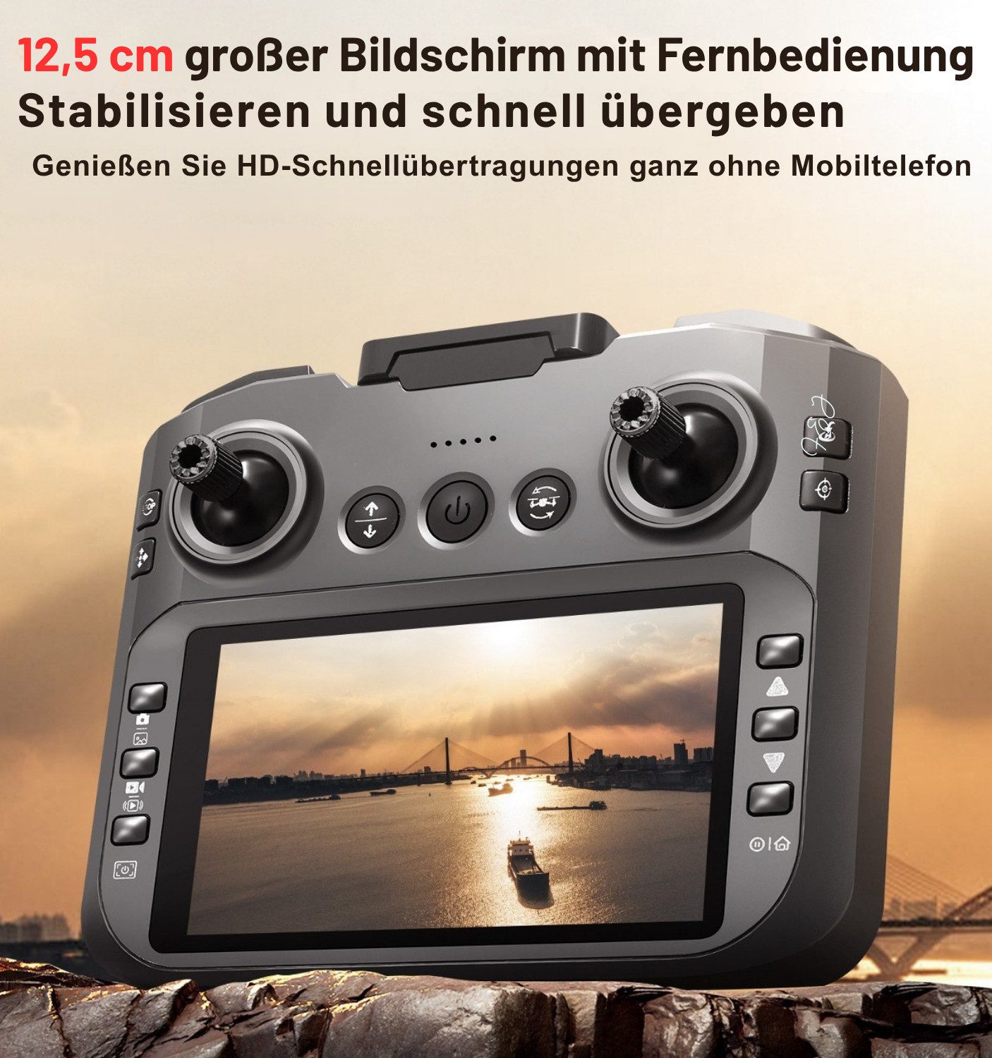 Goldstern-Tech RC-Quadrocopter Drohne (mit 12,5-cm Full-HD Display-Fernsteuerung bis 60min Flugzeit, komplett geschütztem Propellerdesign inkl. 8GB SD-Karte), Dualkamera mit 90° Winkel & 50x Zoom, Optical-Flow, Brushless-Motoren
