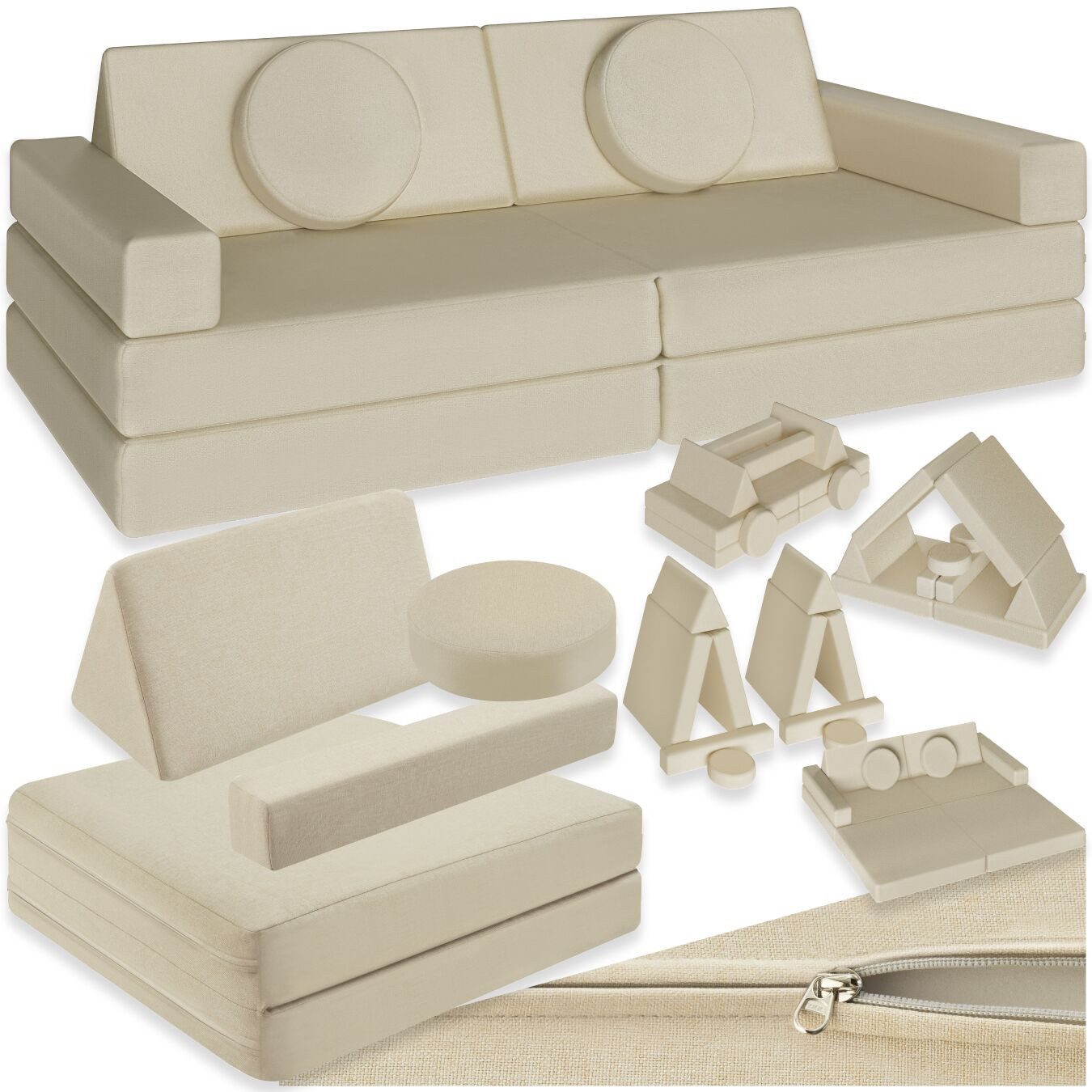 tectake Kindersofa Spielsofa Lilly, 8-teilig, mit Schlaffunktion, Leinenbezüge, abnehmbar und waschbar