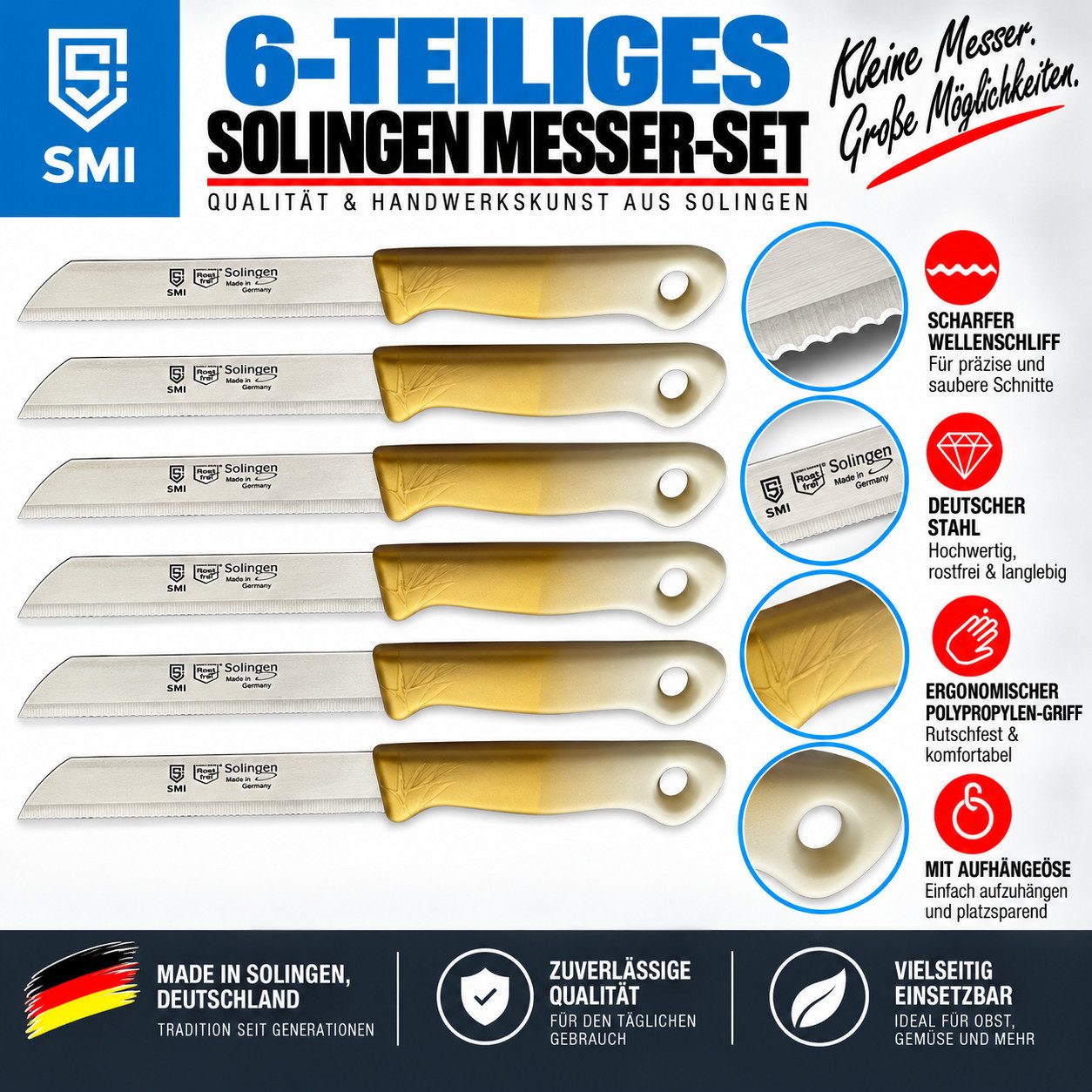 SMI Gemüsemesser 6-tlg Solingen Schälmesser Gemüsemesser Set Obstmesser Küchenmesser, Klinge mit Wellenschliff – Bild 3 von 5