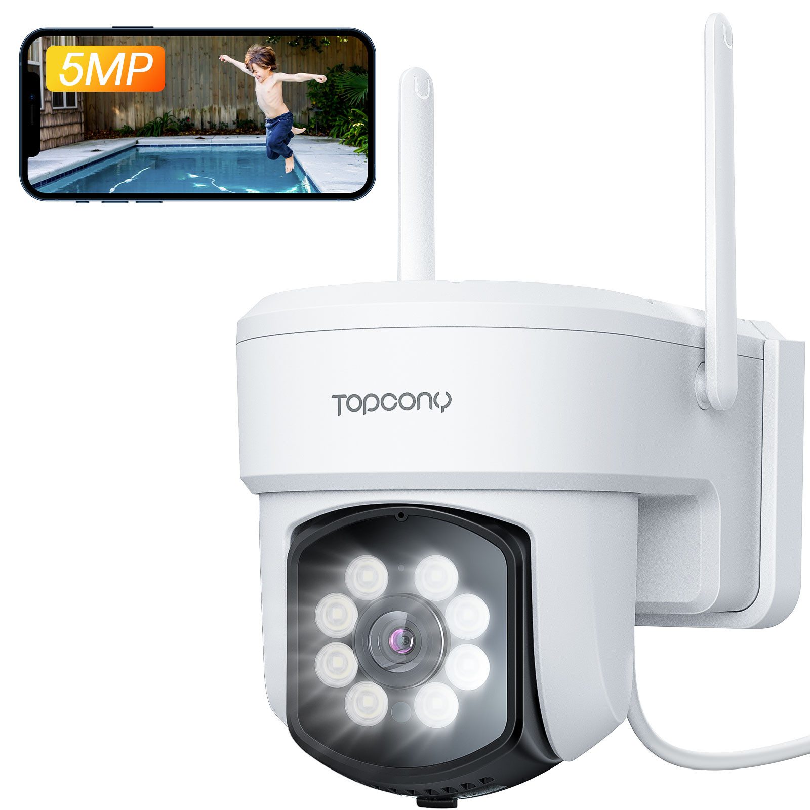 Topcony 5MP Überwachungskamera Aussen,355°/90°PTZ WLAN Kamera Outdoor Smart Home Kamera (Aussen, Außenbereich, mit Mensch Bewegungsmelder,Automatischer Verfolgung,Vollfarb-Nachtsicht, 1-tlg., 2-Wege-Audio,Alarme,Aufnahme 24/7,SD-Karte/Cloud-Speicher, Multi-Geräte-Verbindung, 4 Kamera-Monitor gleichzeitig)