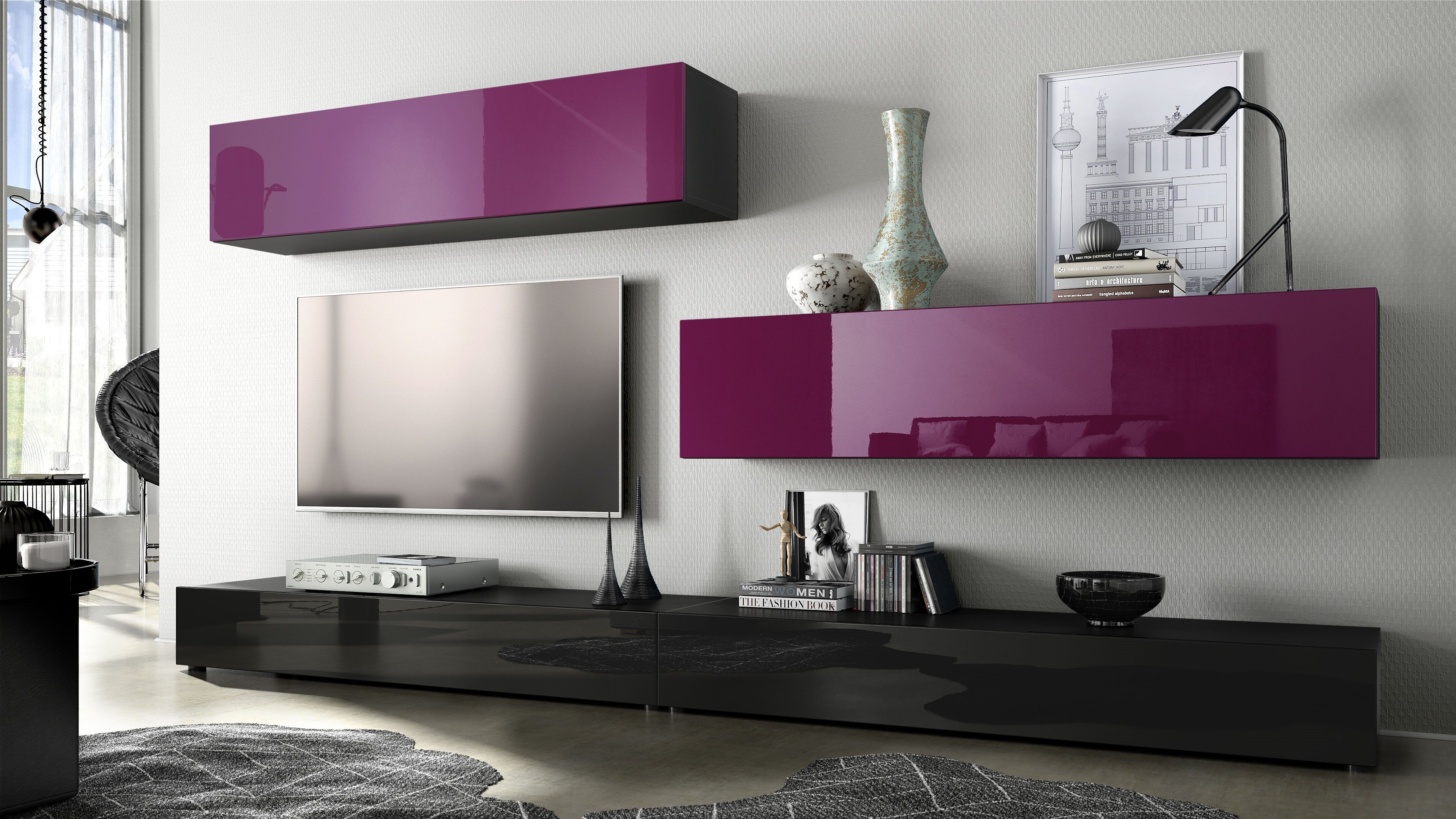 Vladon Wohnwand Nublo, (Anbauwand, mit Rückwand mit 2 Klappen und 2 Sockelelementen), Schwarz matt, Schwarz Hochglanz und Brombeer Hochglanz (280x147x39 cm)