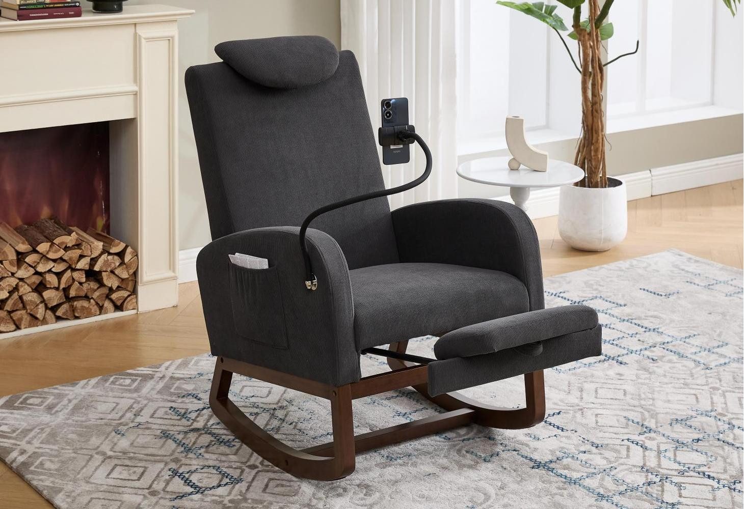 LVHOM Schaukelstuhl mit hoher Rückenlehne und Kopfstütze, massiver Holzrahm günstig online kaufen