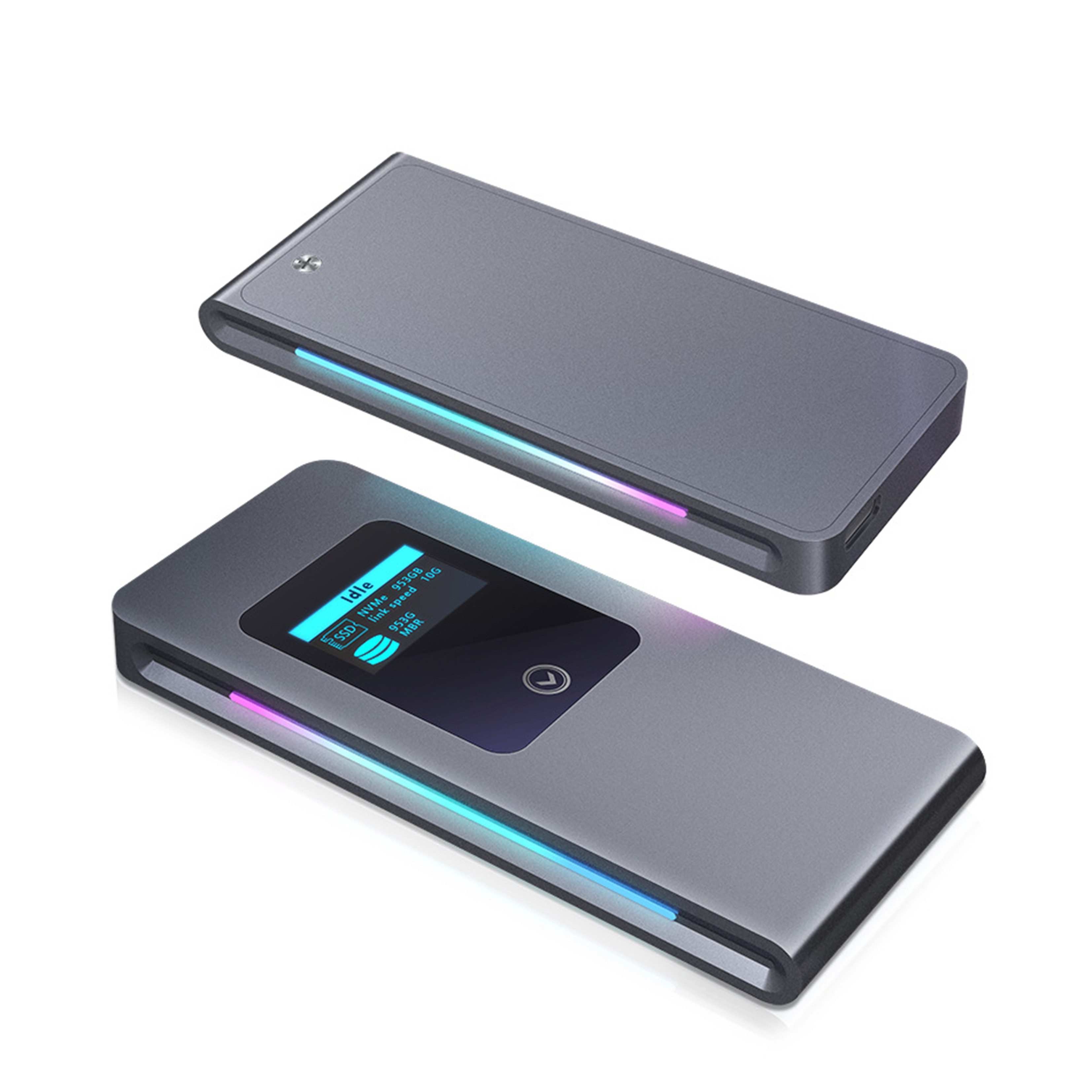 KINSI M.2 NVMe PCI‑E Festplattengehäuse mit Display und RGB‑Effekten externe SSD, USB‑C 3.2 Gen2 10Gbps, Aluminium Gehäuse