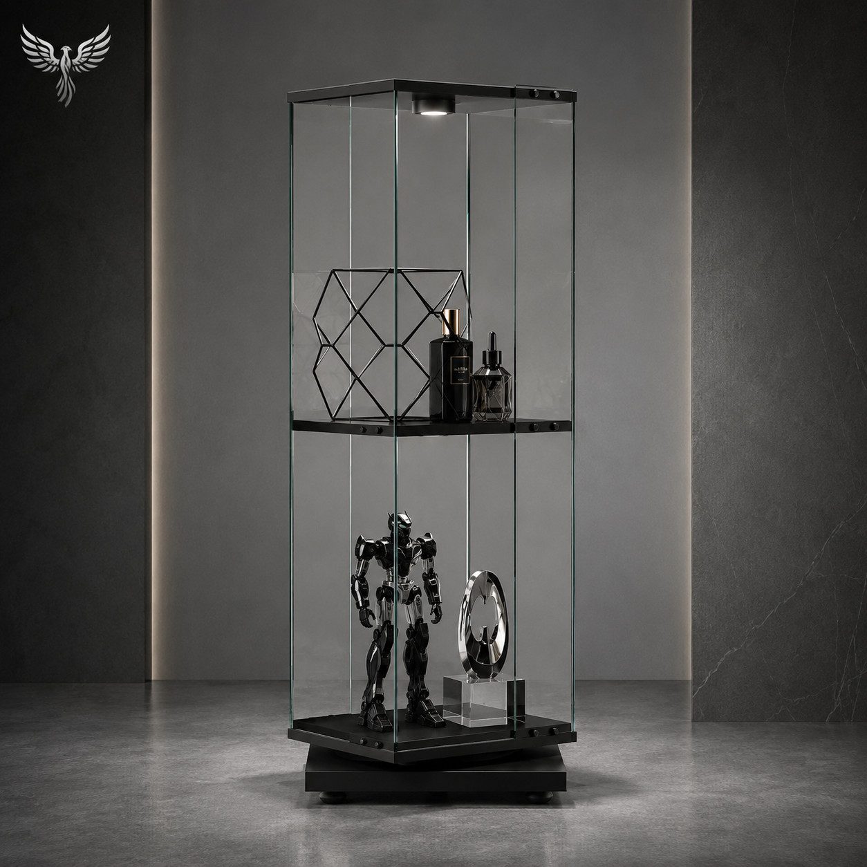 Simurq Glasvitrine mit LED-Touch-Licht und 360° Sockel für Deko und Figuren (1-St., 6 Varianten verfügbar) 360° drehbar, 38 × 38 cm Stellfläche, LED-Touch-Licht