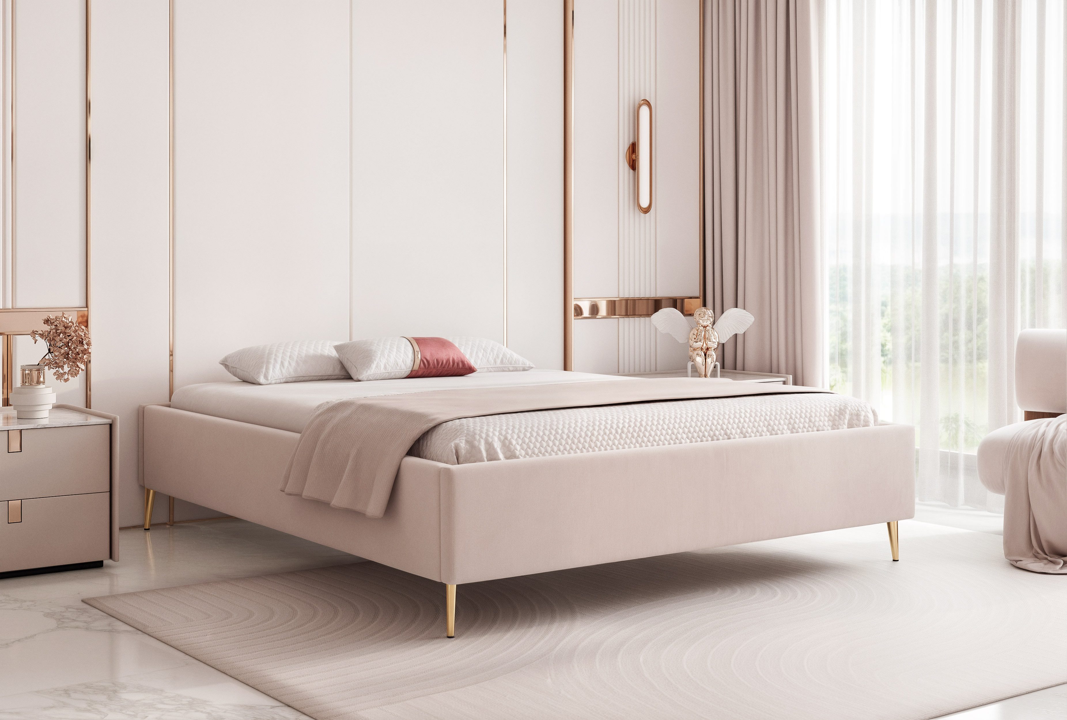 Goldstoff Polsterbett ohne Kopfteil "SIENA" mit Bettkasten und hohen Beinen (120–200x200 cm, Ohne Kopfteilhöhe, Seitenhöhe: 25/40 cm), Modernes Polsterbett mit Stauraum, gepolstertem Rahmen, ohne Kopfteil