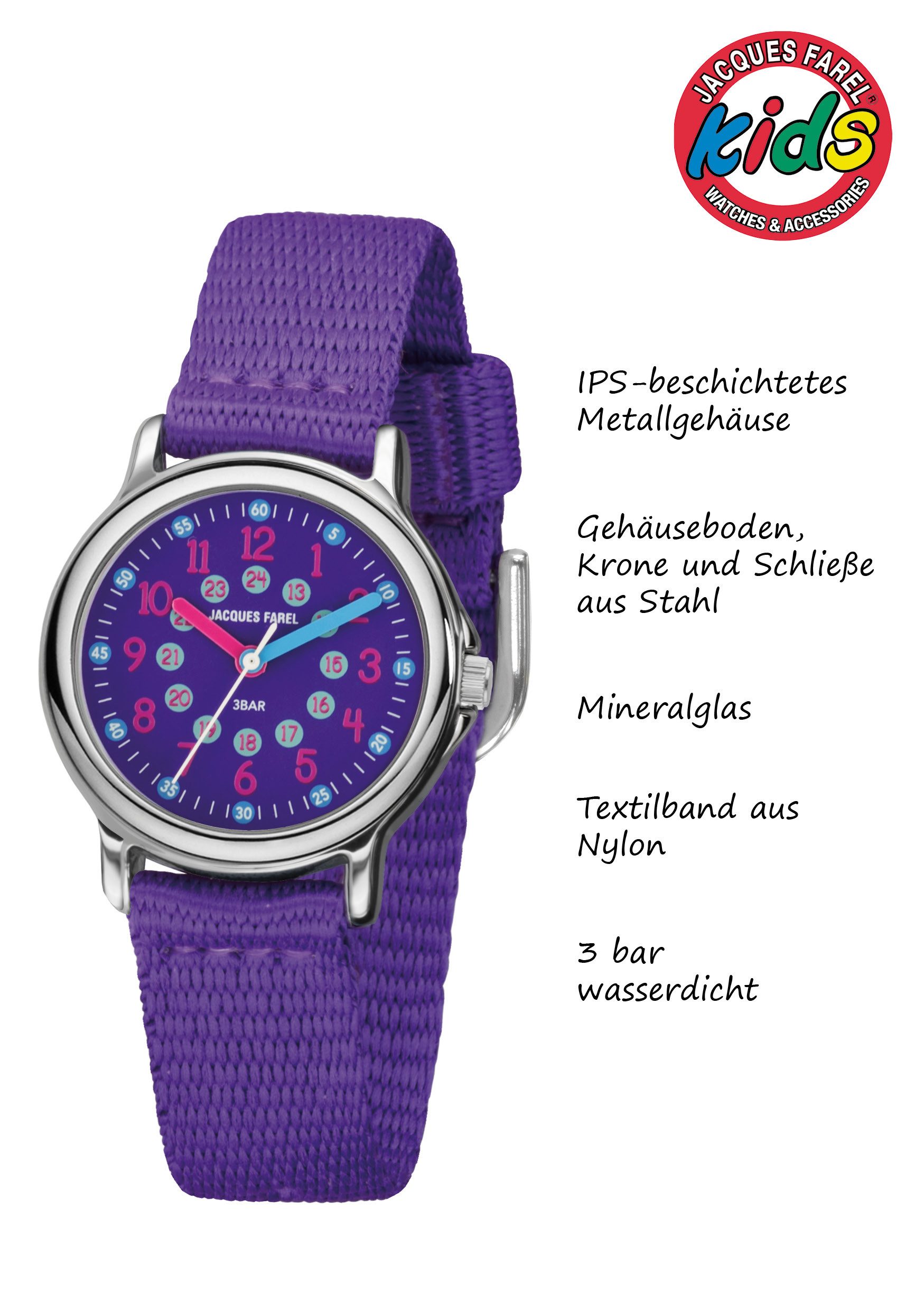 Jacques Farel Quarzuhr KCF Kinder Armbanduhr Textilband, analog Kinderuhr Lernuhr deutlich Schulanfang Geschenkidee Ø 28 mm – Bild 3 von 5
