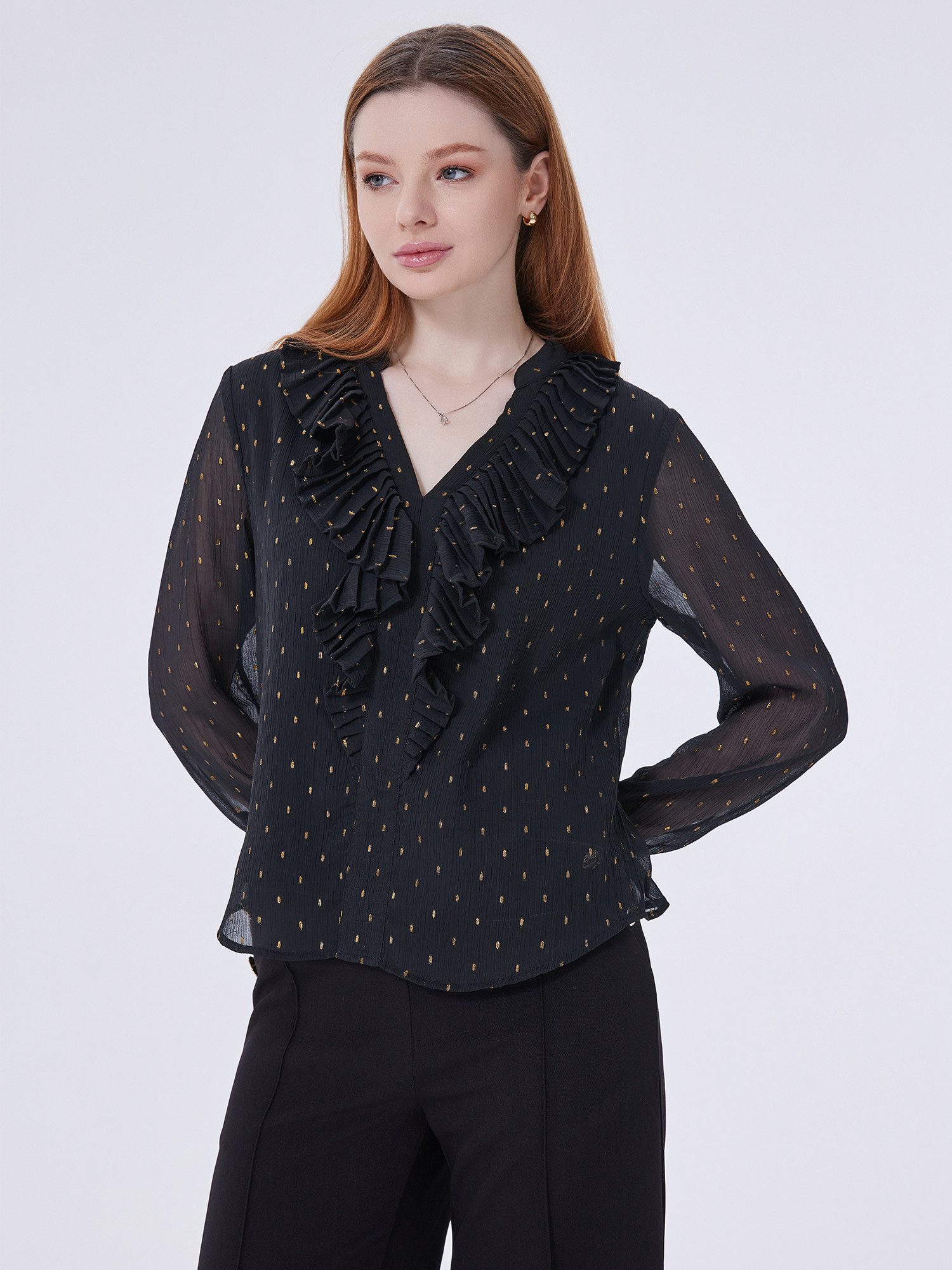 Hemdbluse Damen Elegant Langarmshirt mit V-neck Halbperspektivisch Shirt