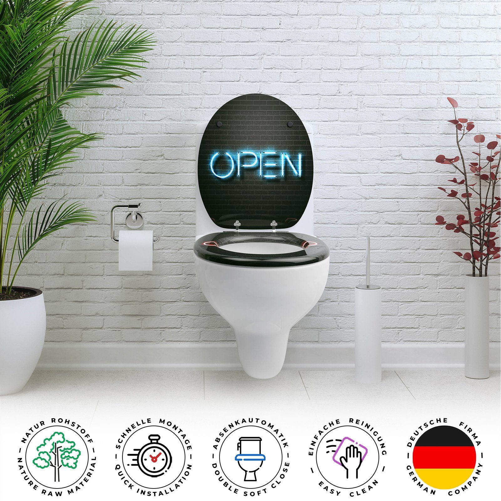 Sanfino WC-Sitz "Open-Closed" Premium Toilettendeckel mit Absenkautomatik aus Holz, mit lustigem Motiv, hohem Sitzkomfort, einfache Montage – Bild 4 von 5