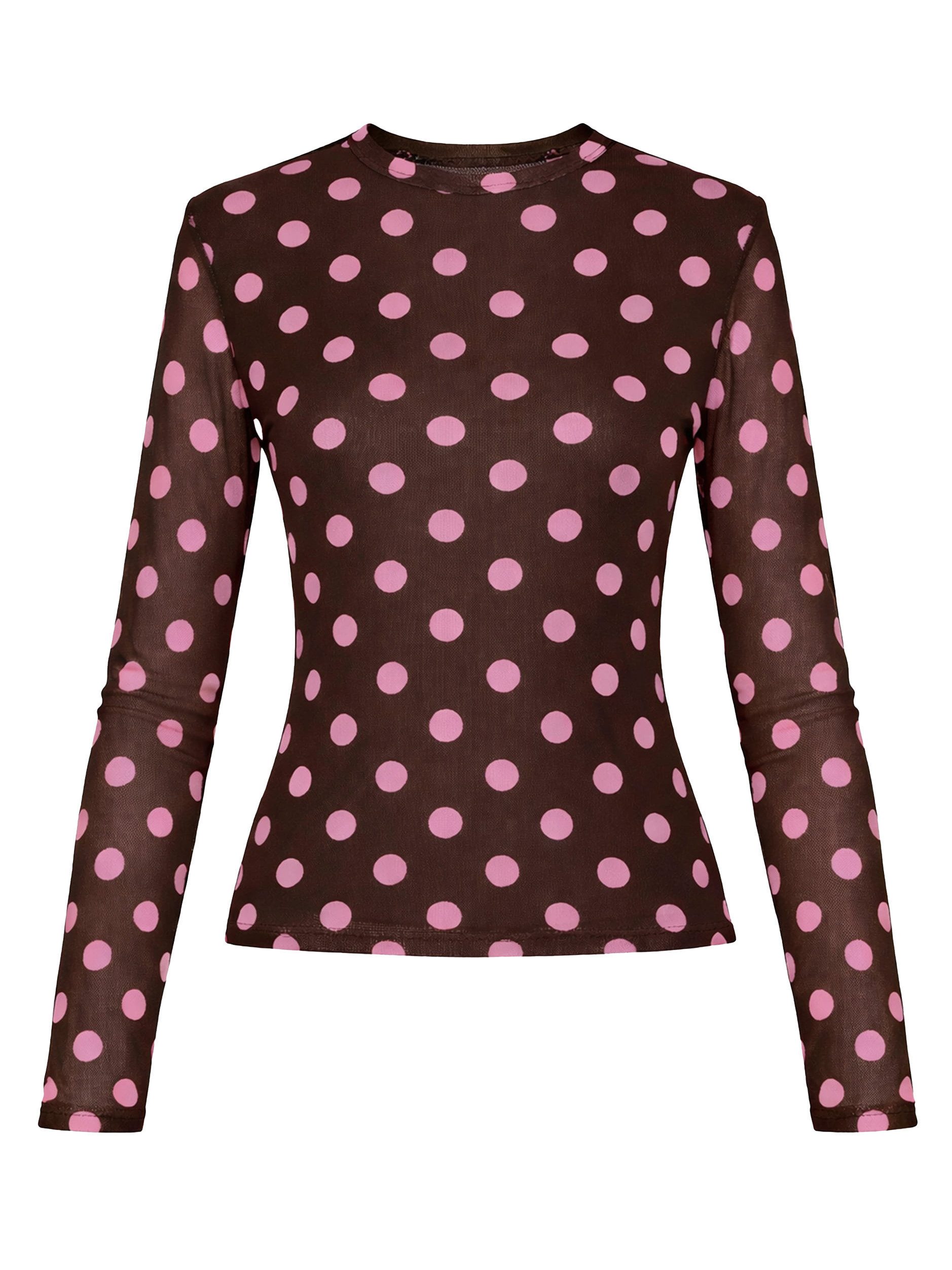 SASSYCLASSY Langarmshirt Mesh Langarmshirt mit Punkten für Damen Leichtes Shirt mit gefütterter Vorderseite und Rundhalsausschnitt – Bild 2 von 5