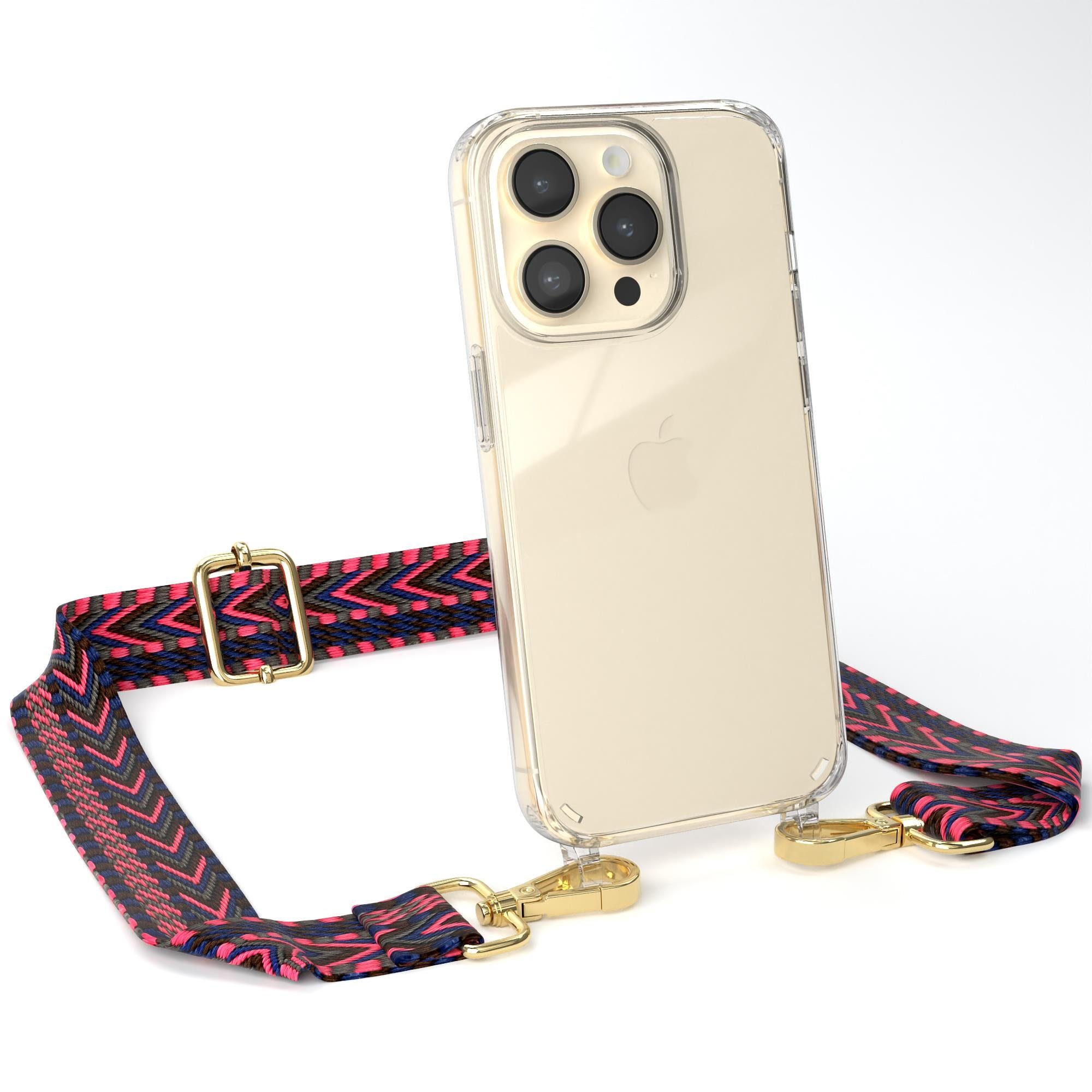 EAZY CASE Handykette Boho Umhängeband für Apple iPhone 14 Pro 6,1 Zoll, Kameragurt zum Umhängen Handy Case Transparent Silicon Bumper Bag Blau