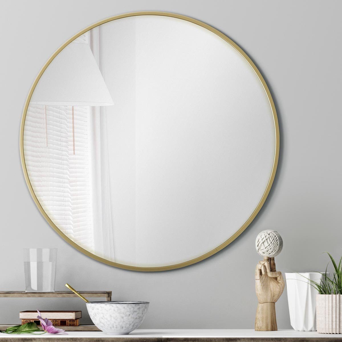 PHOTOLINI Spiegel rund mit Metallrahmen, eleganter Wandspiegel, schmaler Rahmen