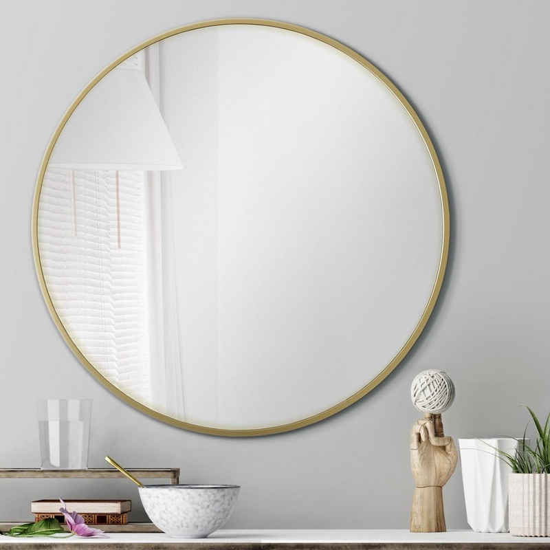 PHOTOLINI Spiegel rund mit Metallrahmen, eleganter Wandspiegel, schmaler Rahmen