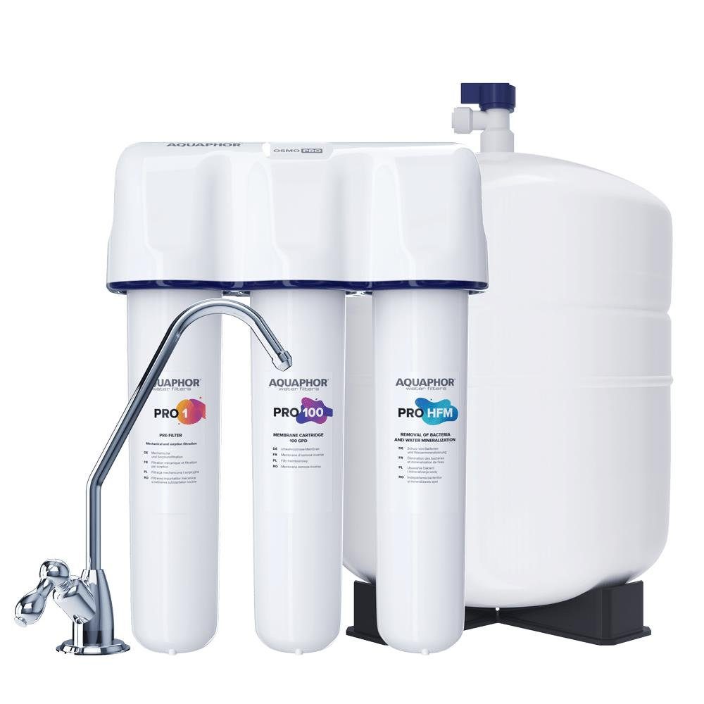 Aquintos Wasseraufbereitung Untertisch-Trinkwassersystem PRO100-HFM Umkehrosmoseanlage, Mit Keimsperre und Remineralisierung | Armaturen