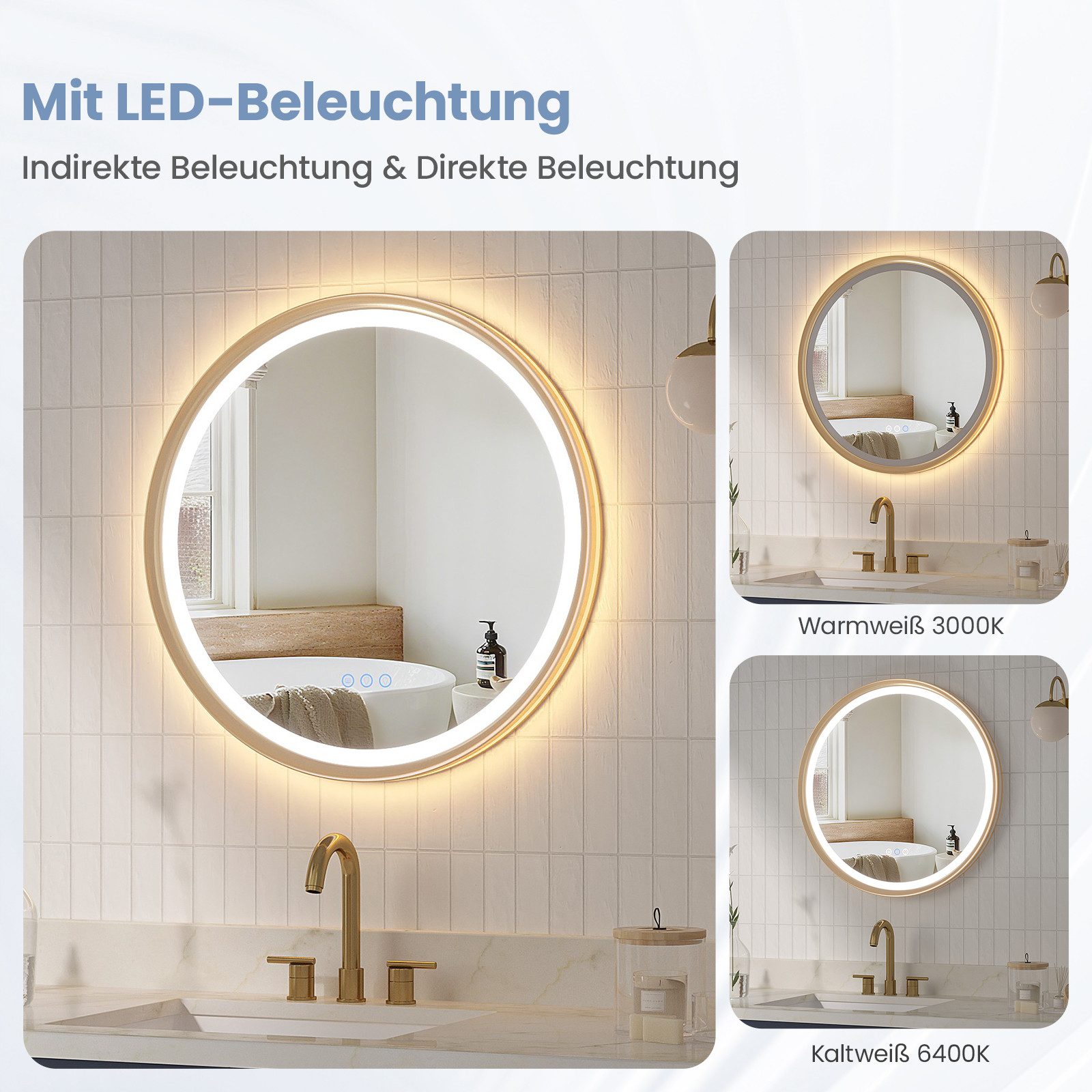 AQUALAVOS Rahmenspiegel-rund Badspiegel mit Beleuchtung Rund 60 cm Aluminiumrahmen Touch Schalter, LED Beleuchtung Dimmbar Kaltweiß & Warmweiß Touchschalter Alu – Bild 4 von 5