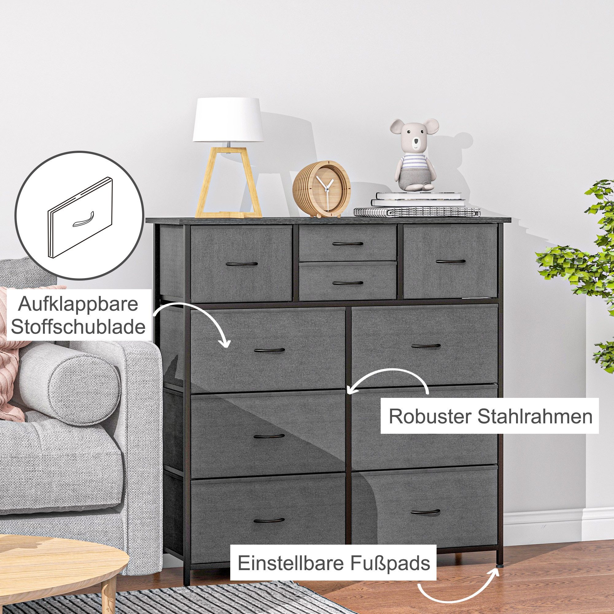 HOMCOM Kommode Sideboard im Modern-Stil für Schlafzimmer, Stahl (Aufbewahrungsschrank, 1 St., Stoffschublade), für Wohnzimmer, Schwarz – Bild 5 von 5