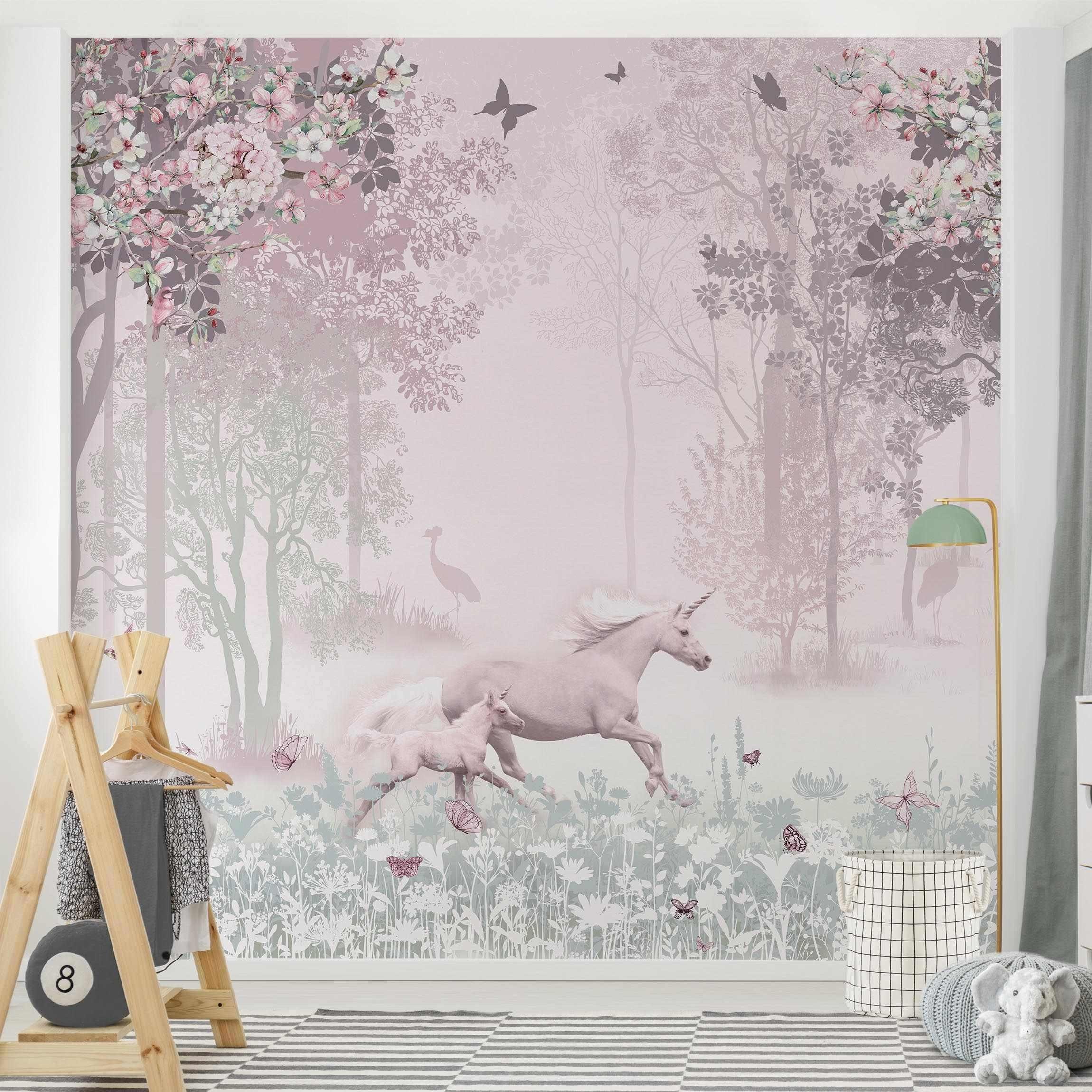 Bilderdepot24 Kindertapete Kinderzimmer Einhorn Blumenwiese Rosa Kinder Wanddeko Wald Bäume, Glatt, Matt, (Vliestapete inkl. Kleister oder selbstklebend), Mädchenzimmer Jungenzimmer Babyzimmer Bildtapete Fototapete Wandtapete