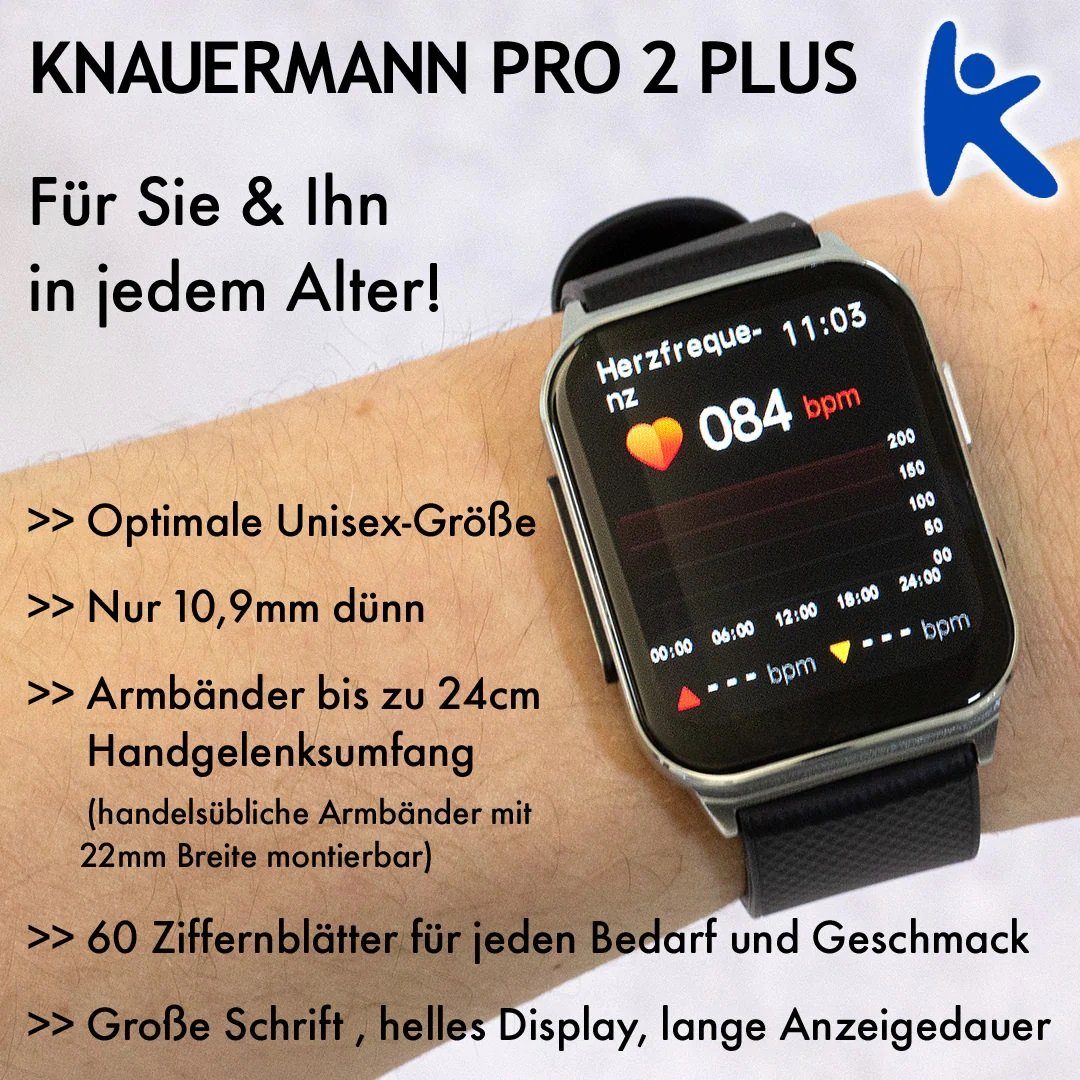 Zoll), inkl. Smartwatch Schnell-Ladekabel Schwarz-Silikonarmband Pro Knauermann (2023) 2 Silikonarmband schwarz | (1,83 Plus Schwarz