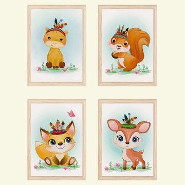 Tigerlino Poster Süße Waldtiere Safari Tiere Bilder 4er Set Kinderzimmer Wandbilder