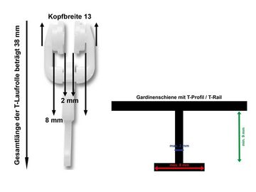 Gardinengleiter T-Gardinenrollen / T-Laufrollen / Faltengleiter / Gardinenhaken, dekondo, für Gardinenschienen mit T-Profil / T-Rails, (100-St), mit verschließbarem Faltenlegehaken
