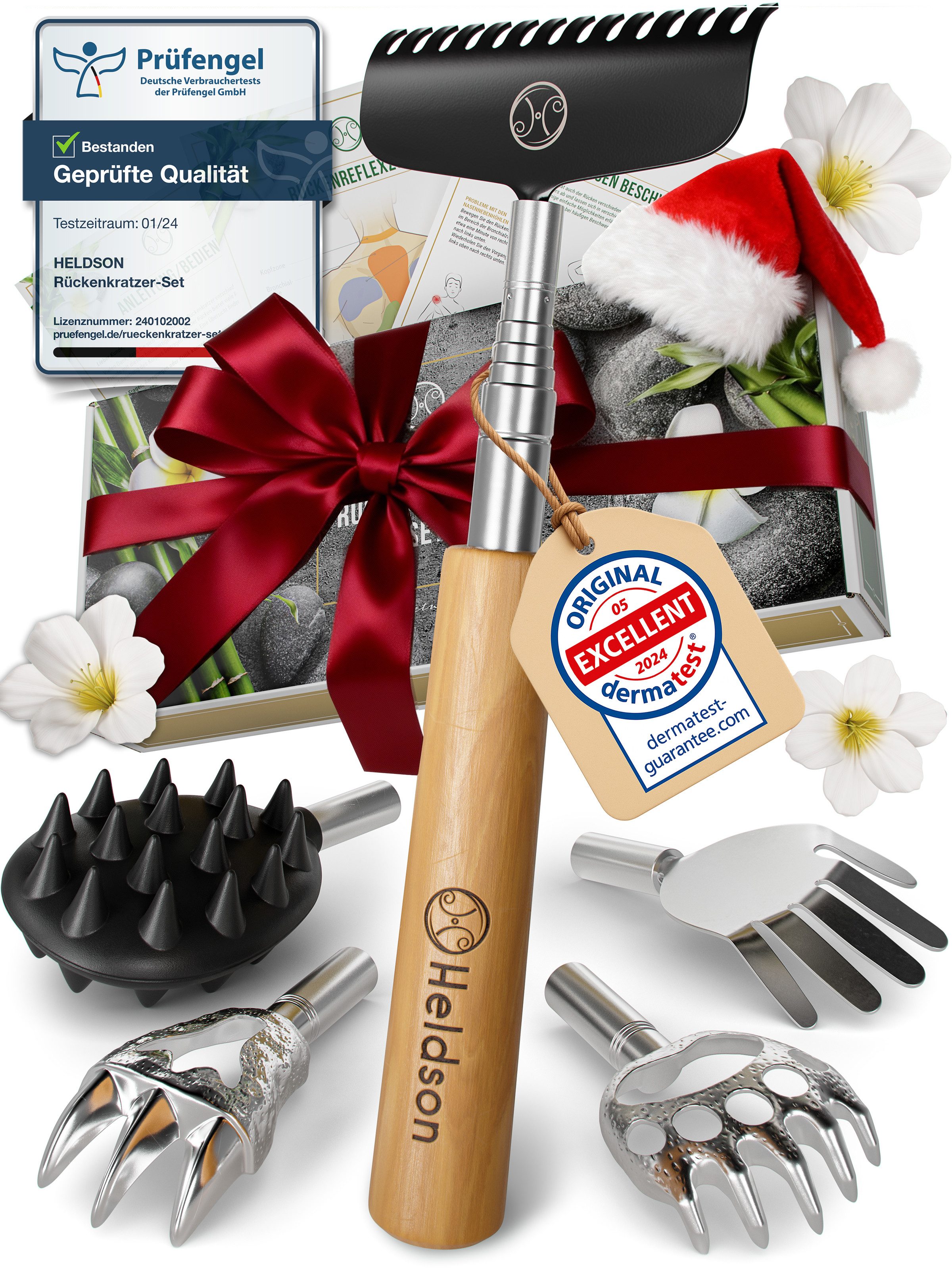 Massagegerät HELDSON® Rückenkratzer Set 5-teilig, Dermatest Sehr Gut, Geschenkbox