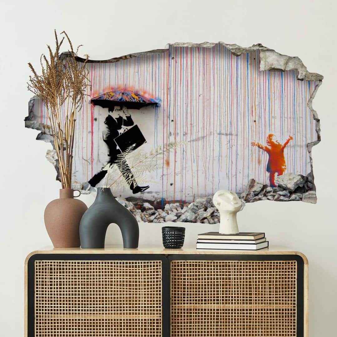 K&L Wall Art Wandtattoo 3D Wandtattoo Aufkleber Banksy Graffiti Straßenkunst bunt Colored Rain, Mauerdurchbruch Wandbild selbstklebend