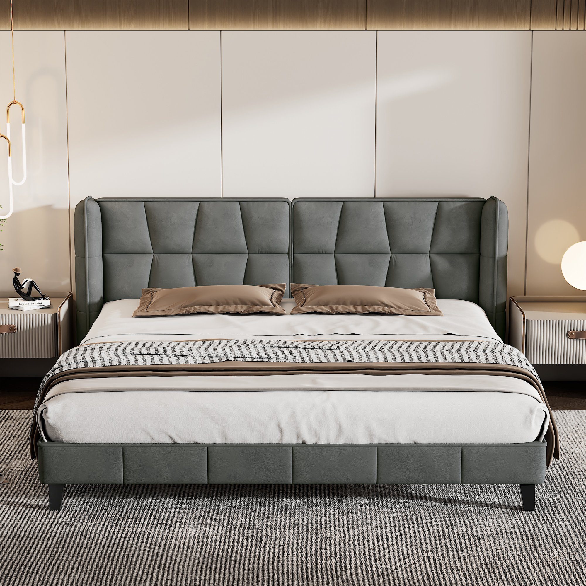 Flieks Polsterbett, Doppelbett mit Lattenrost und Kopfteil Samt 180x200cm