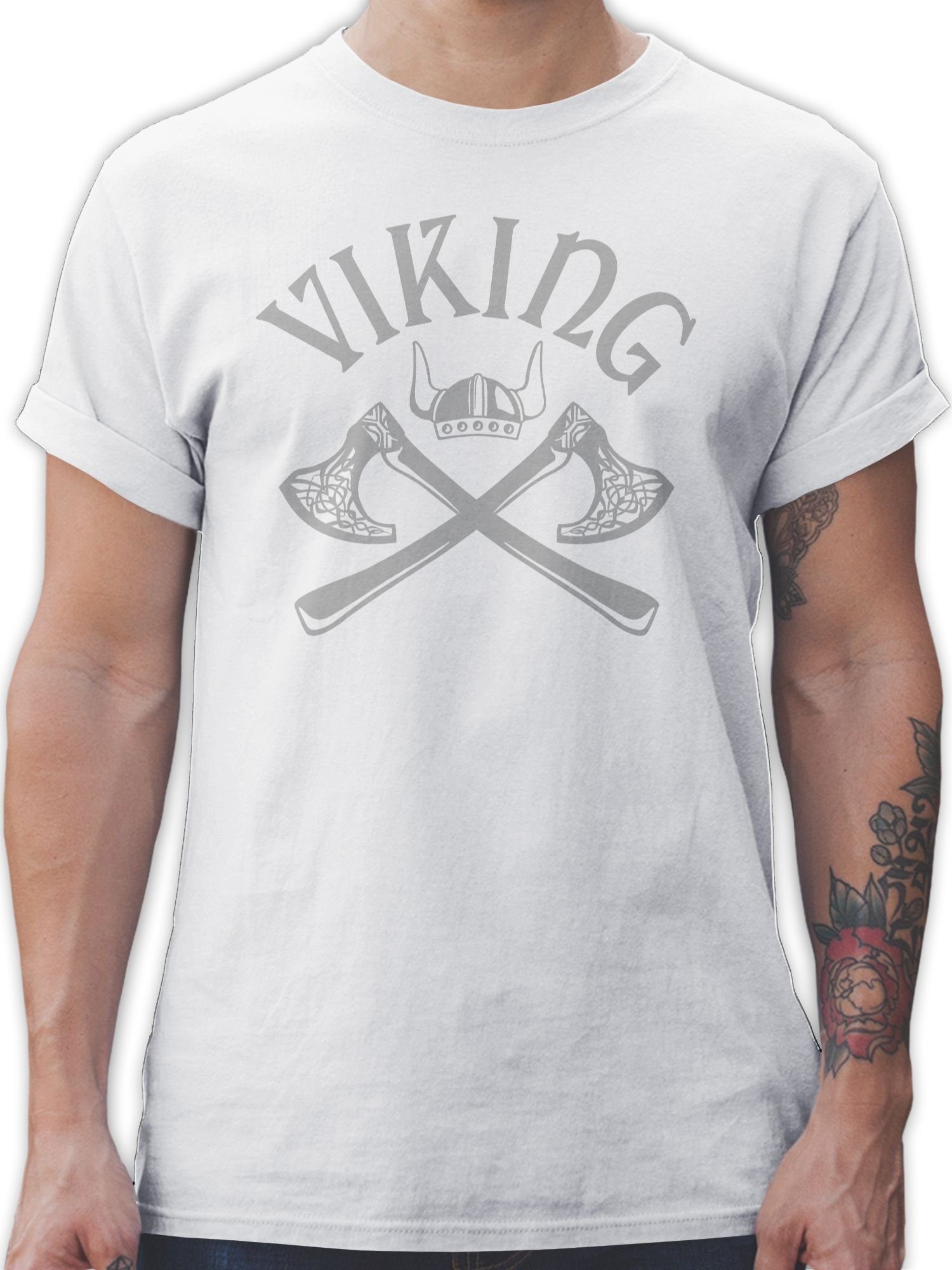 Shirtracer Weiß T-Shirt Walhall Herren Walhalla Viking Nordmänner & 03 Odin Wikinger Wikinger Streitaxt