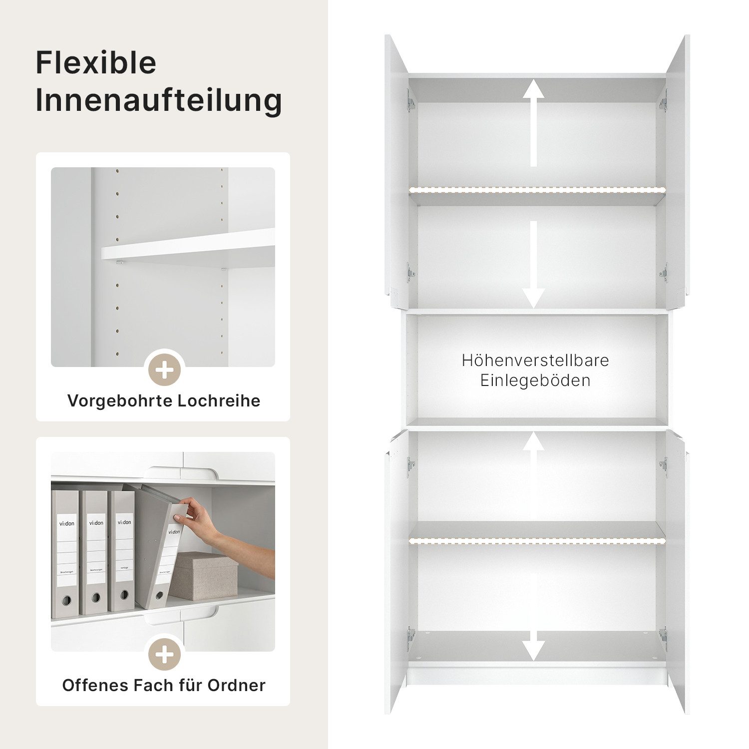 Vladon Aktenschrank Logan V2 (Aktenschrank, mit 5 Fächern und 4 Türen) Weiß matt/Eiche Natur (82 x 184 x 37 cm) – Bild 3 von 5
