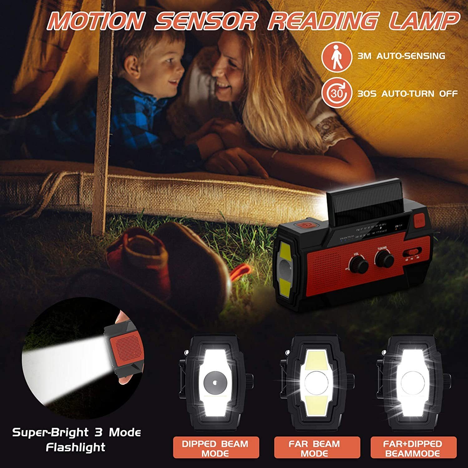 Camping und Digitalradio für 4 4000mAh (Digitalradio Modi (DAB) autolock LED Batterie Taschenlampe Notfall) Notfallradio Mit Kurbelradio Solar Tragbar Rot SOS-Alarm (DAB), für Radio,AM/FM USB