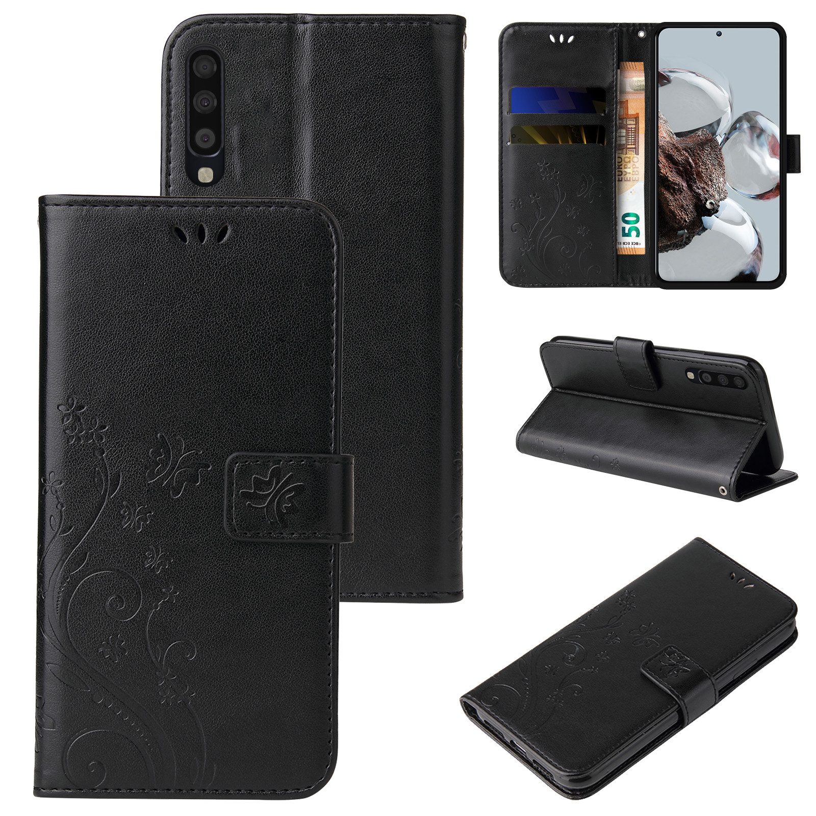 Tec-Expert Handyhülle Cover Tasche Hülle für Samsung Galaxy A70 6,7 Zoll, Klapphülle Case mit Kartenfach Fliphülle aufstellbar, Motiv Blumen