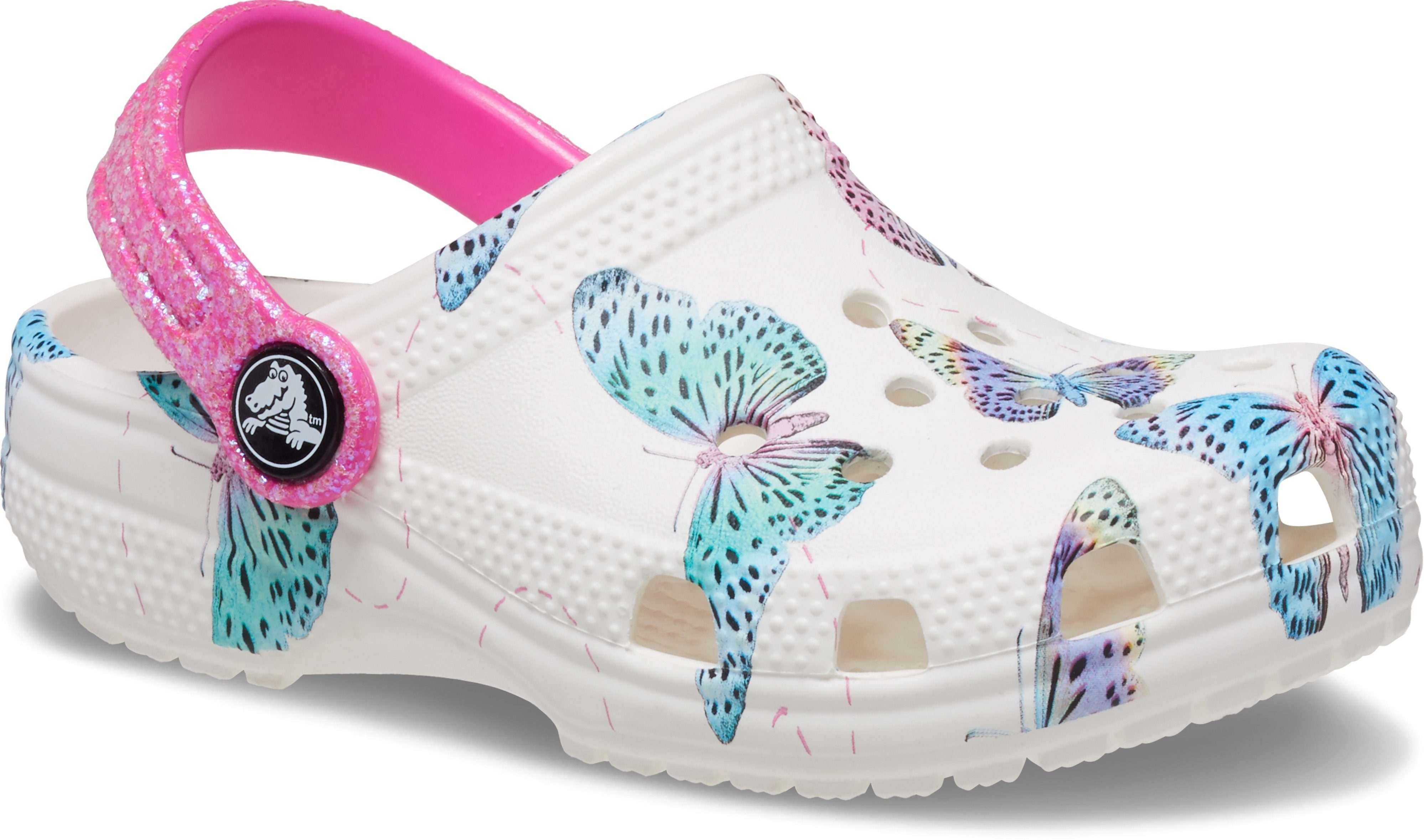 Hausschuh mit Crocs weiß-pink-Schmetterling Fersenriemen