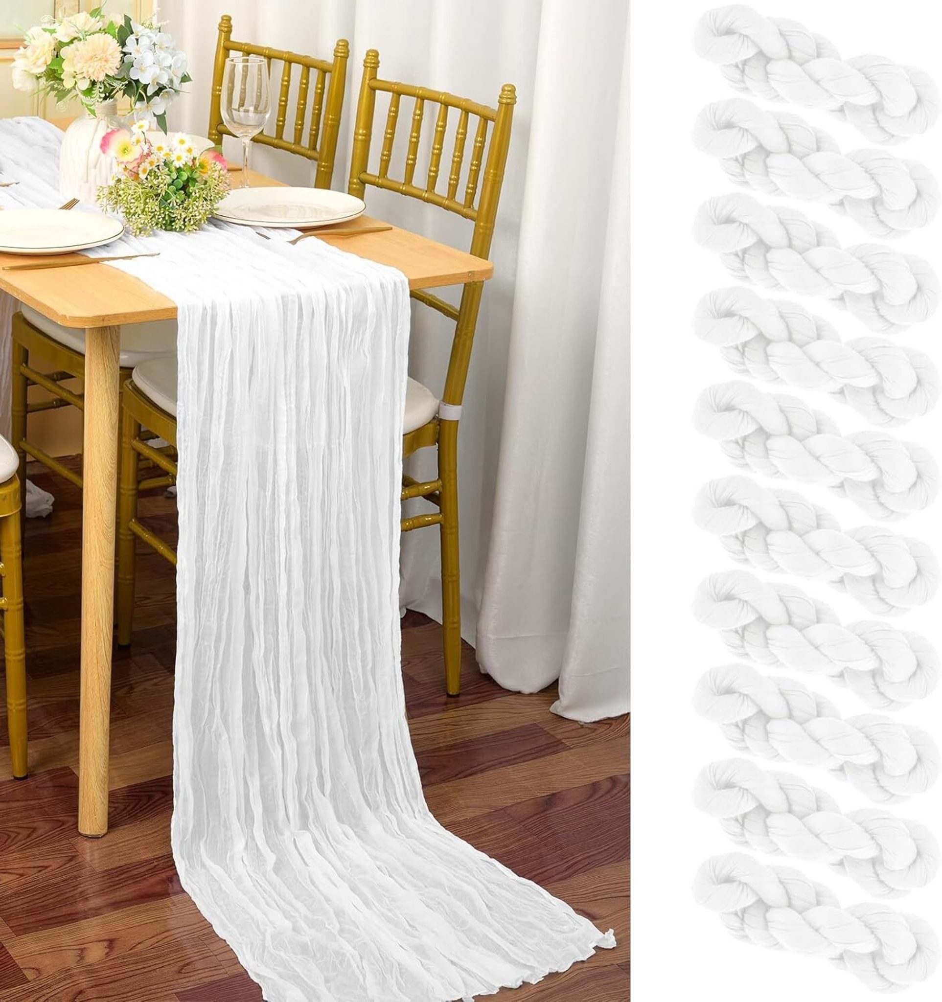 Boho Tischläufer-Set 8-teilig – Gaze In 4 Farben + Kunststofftischdecken – Für Babyparty, Hochzeit & Geburtstag