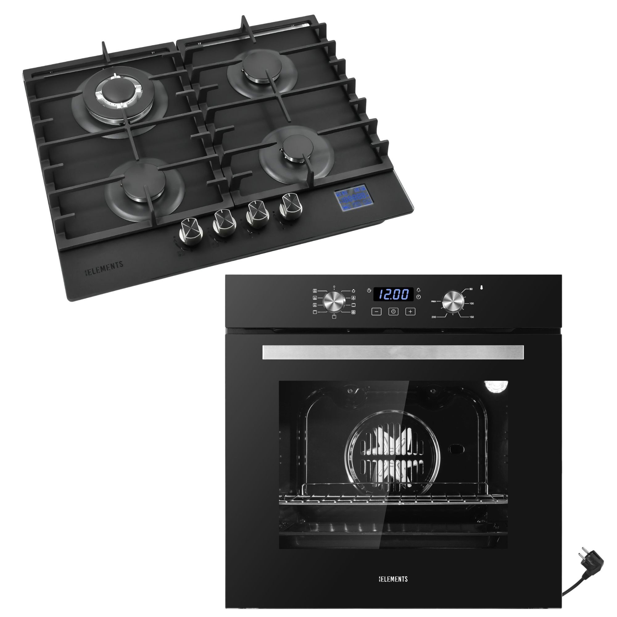 KB Elements Backofen-Set Einbaubackofen 60 cm mit Gaskochfeld 4 Flammig, Aqua Clean, Gaskochfeld mit digitalem Gasstopp-Timer