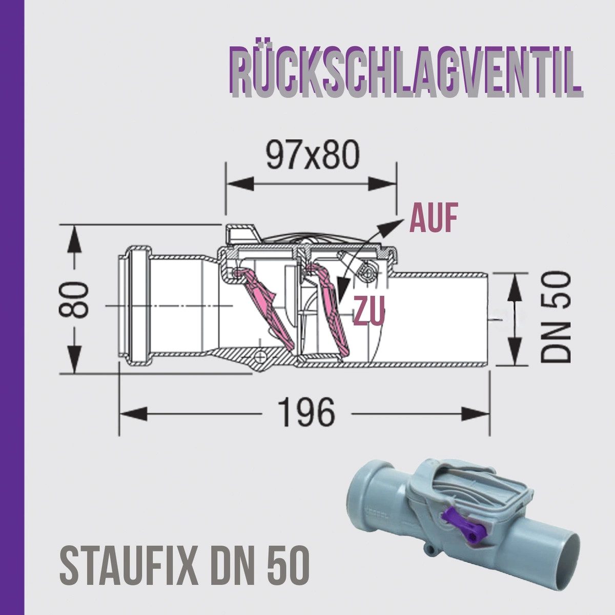 Kessel Sanitär-Installationsset Kessel 73050 Staufix Rückstauverschluss DN50 Anti-Flut Ventil Abwasser, 1-St.