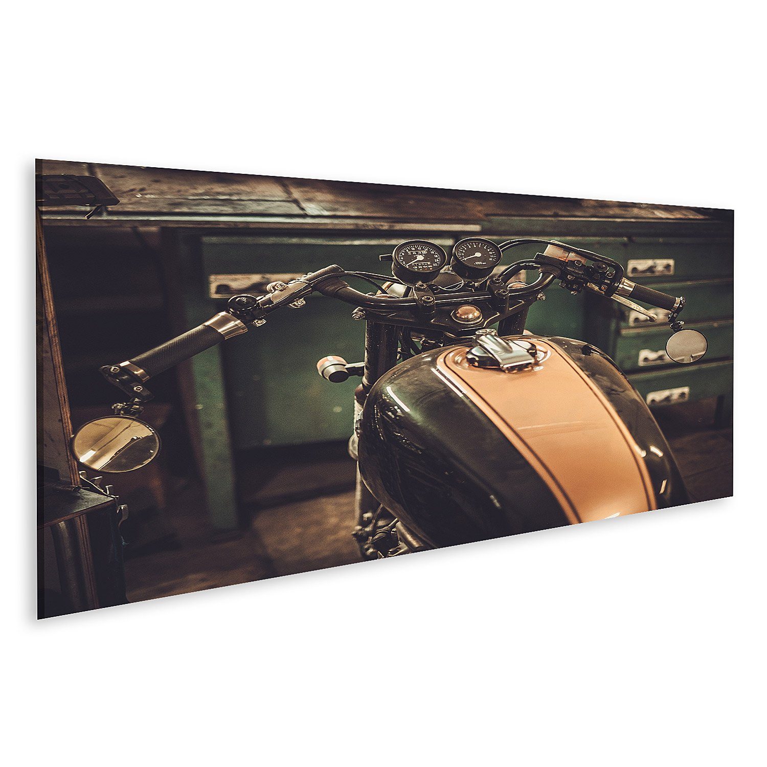 Leinwandbild Bild auf Leinwand Caferacer-Motorrad im Vintage-Stil in einer Zollgara