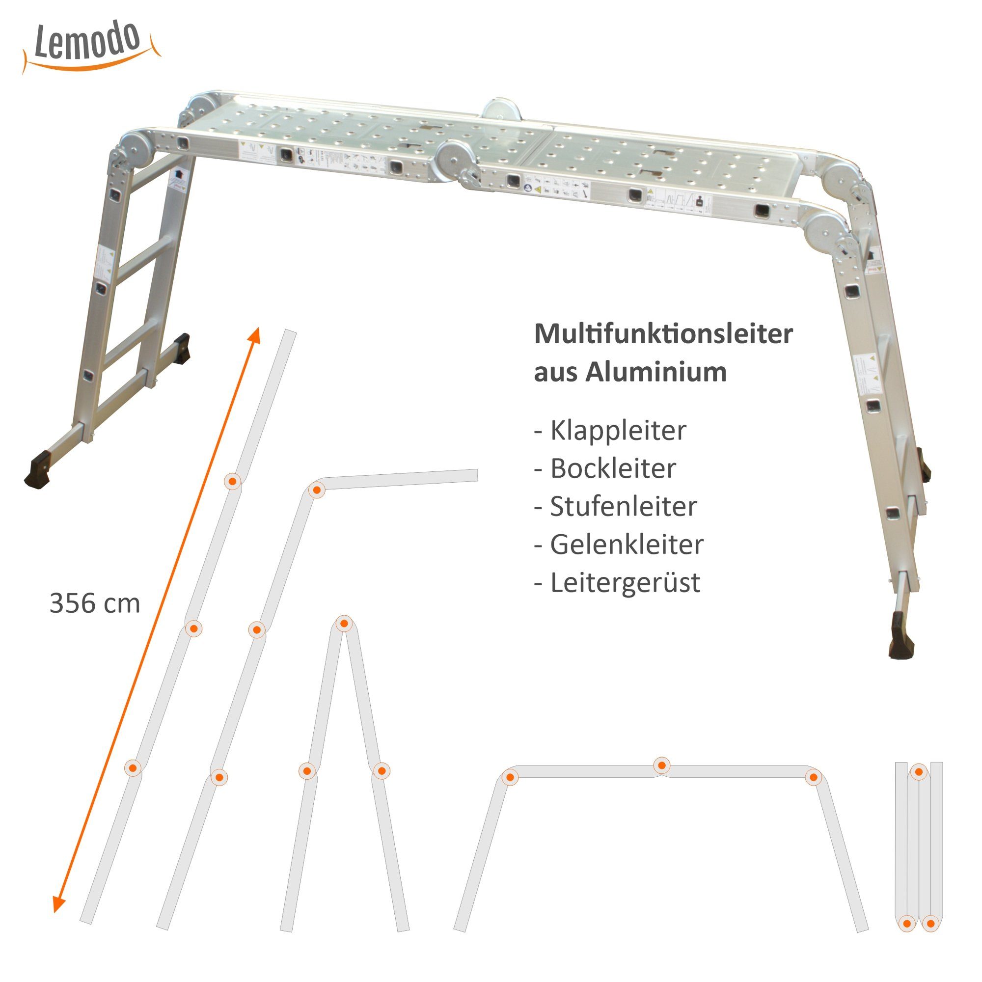 Lemodo multi-purpose aluminum folding ladder, 4-section, versatile, with platform inserts